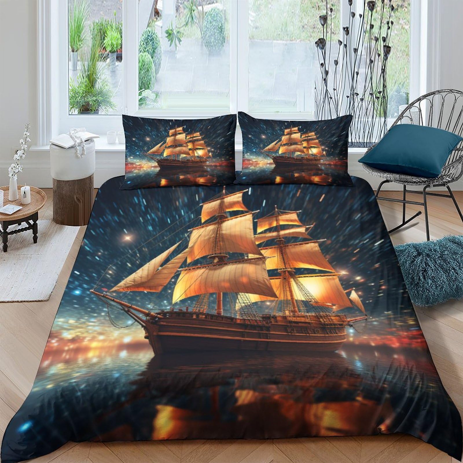 Housse de couette voilier 3D King 220x240 cm en microfibre avec 2 taies d'oreiller