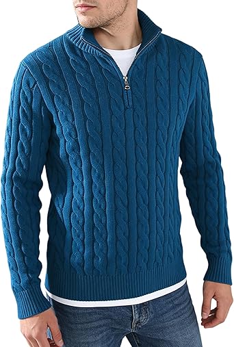 Mens Simple Ribbed Zipper Long Sleeve Quarter-Zip Knit Pullover Sweater Casual Versatile Polo Sweatshirt