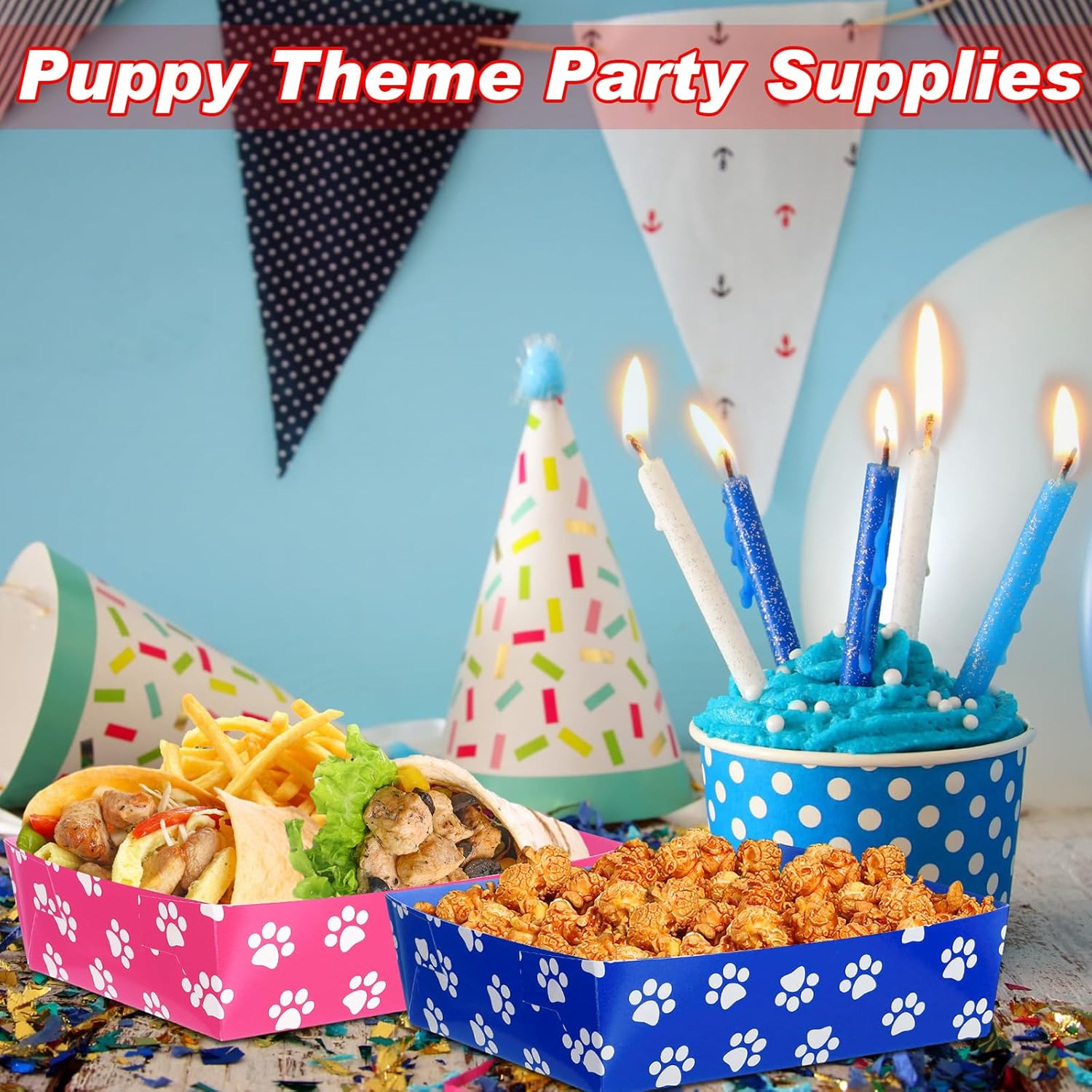 Mifoci 48 Pcs Dog Paw Party Paper Food Trays 5 lb Large Paper Food Boats Disposable Snack Trays for Burger Fries, Birthday, Puppy Theme Party Supplies (Bright Color,Fun Style)