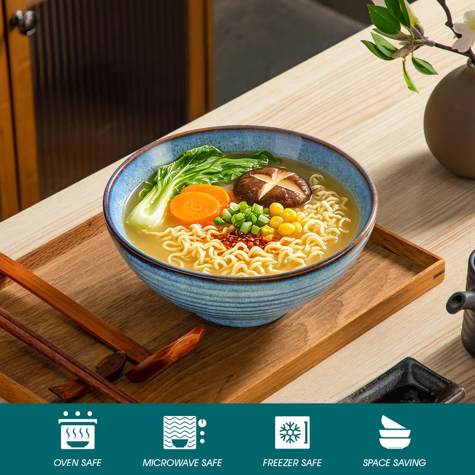 vancasso Bol Ramen Céramique 2 x 1350ml, Baguettes & Cuillères, Bleu Clair