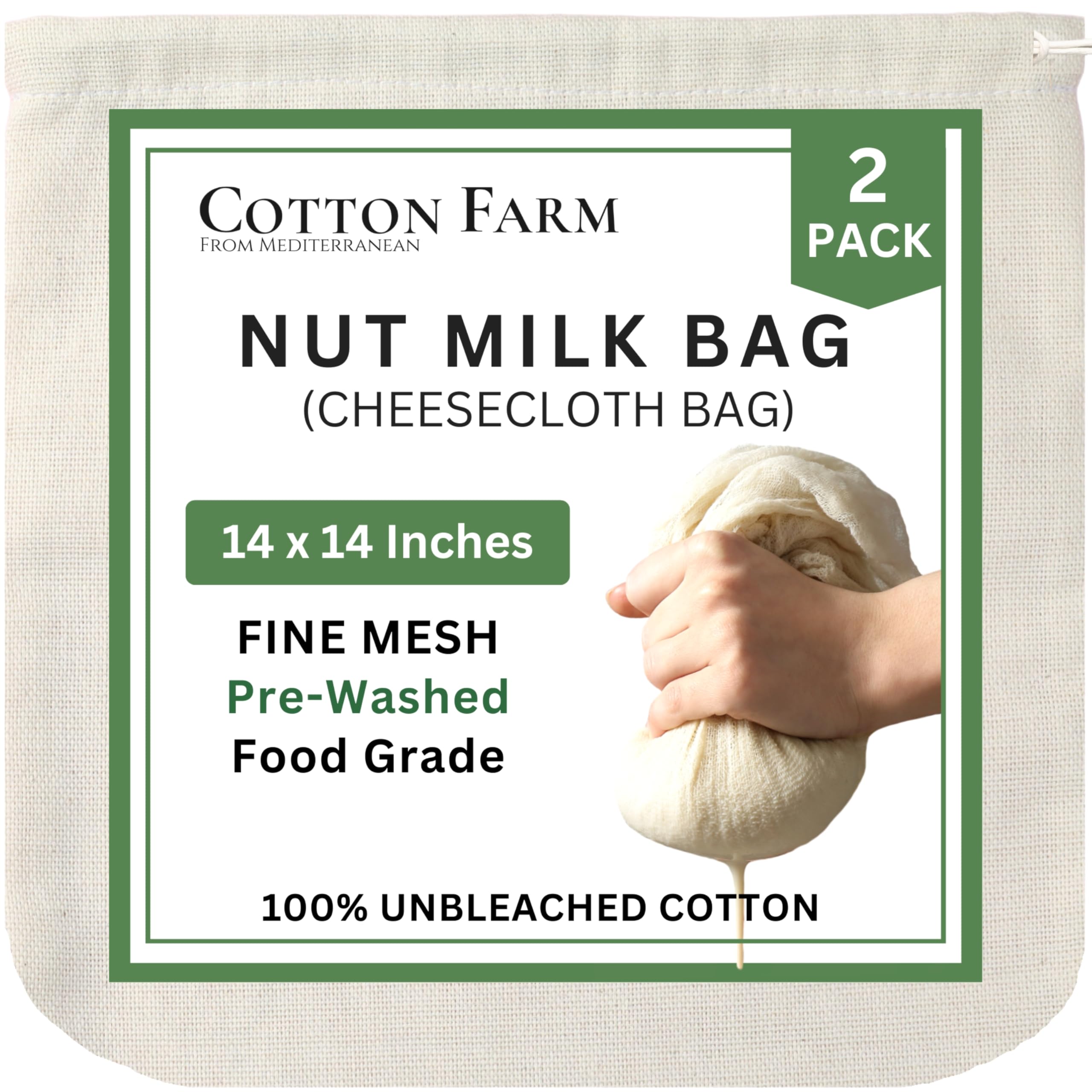 Cotton Farm Nut Milk Bag & Cheese Cloth Bag (Ultra Dense), XL 14 × 14 Inch, 100% Unbleached Cotton Cheesecloth for Precise Food Straining, Washable & Reusable