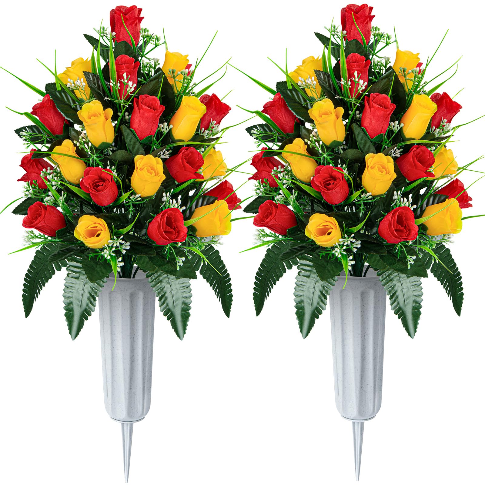 SIFOEL Artificial Cemetery Flowers - Set of 2 Grave Memorial Rose Flowers with Vase for Cemetery Headstones Gravesites Decoration (Red&Yellow) — image 1