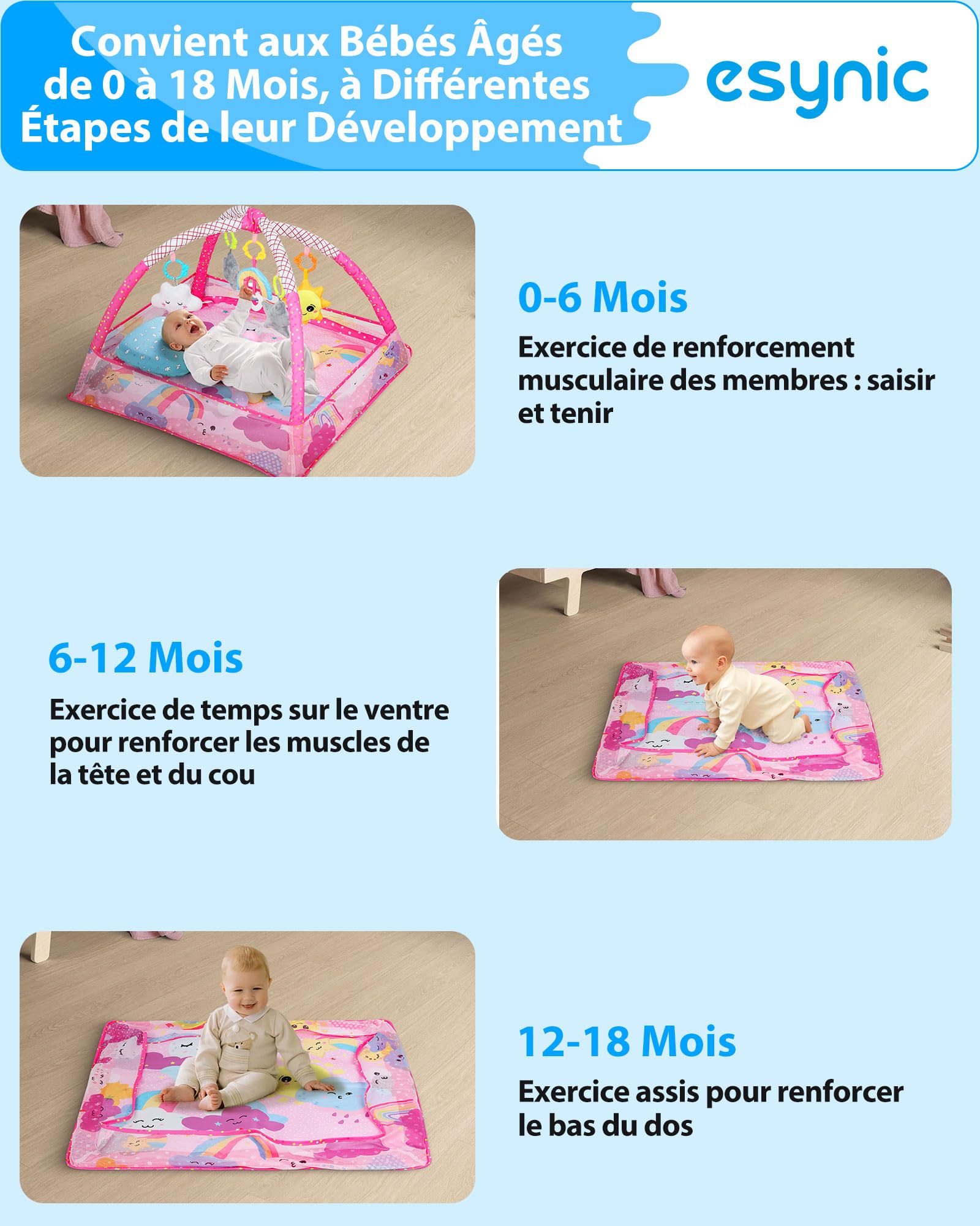eSynic Tapis d'Éveil Bébé 77x77cm avec Arche Jouet Amovible Âgés 0-18 Mois | Clôture en Maille Respirante, Jouets Suspendus, Balles Océanique, Lavable Facile, Montage Rapide, Développement des Sens Bébé