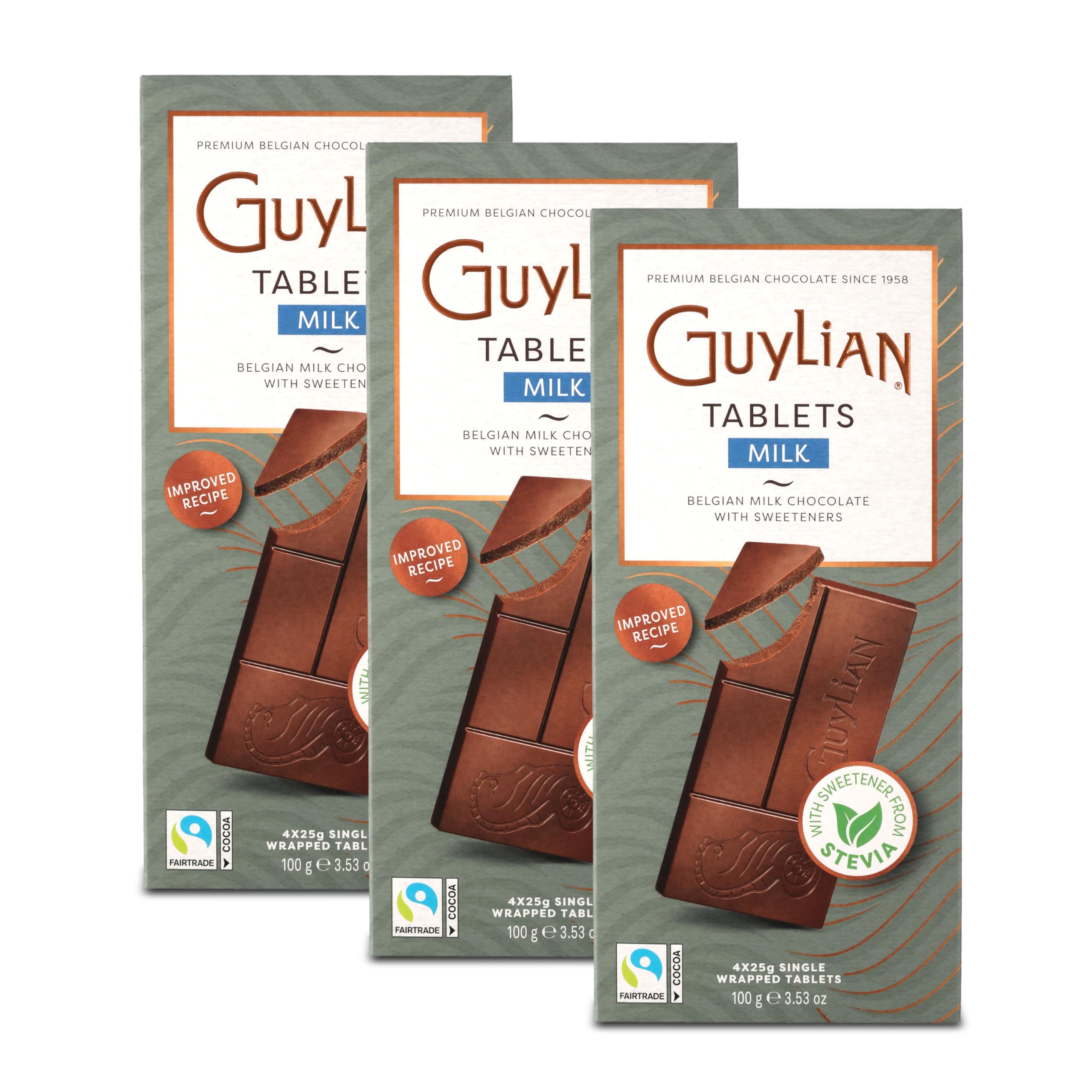 GuyLian Milk Chocolate Bars with Stevia 100g 3-Pack – Belgian Milk Chocolate Sweetened with Stevia – Sugar-Free Alternative, Fairtrade Certified, No Soy, No Gluten – Premium Belgian Quality