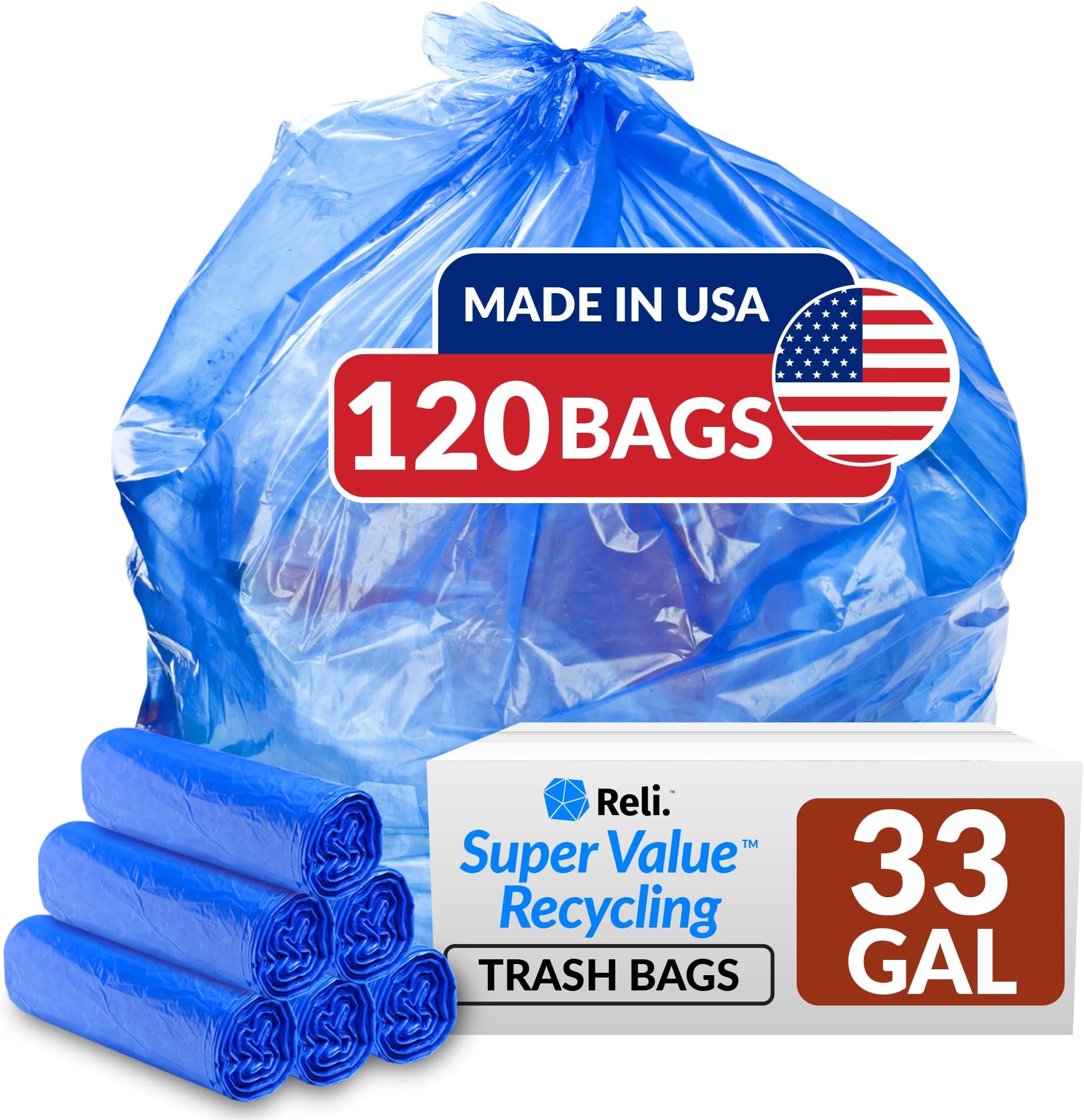 Reli. SuperValue 33 Gallon Recycling Bags (120 Count) Made in the USA - Blue Trash Bags, 30-33 Gallon | Recycling, Garbage | 33Gal with 30Gal - 35Gal Capacity