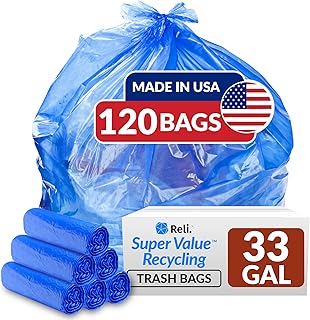 Reli. SuperValue 33 Gallon Recycling Bags (120 Count) Made in the USA - Blue Trash Bags, 30-33 Gallon | Recycling, Garbage | 33Gal with 30Gal - 35Gal Capacity