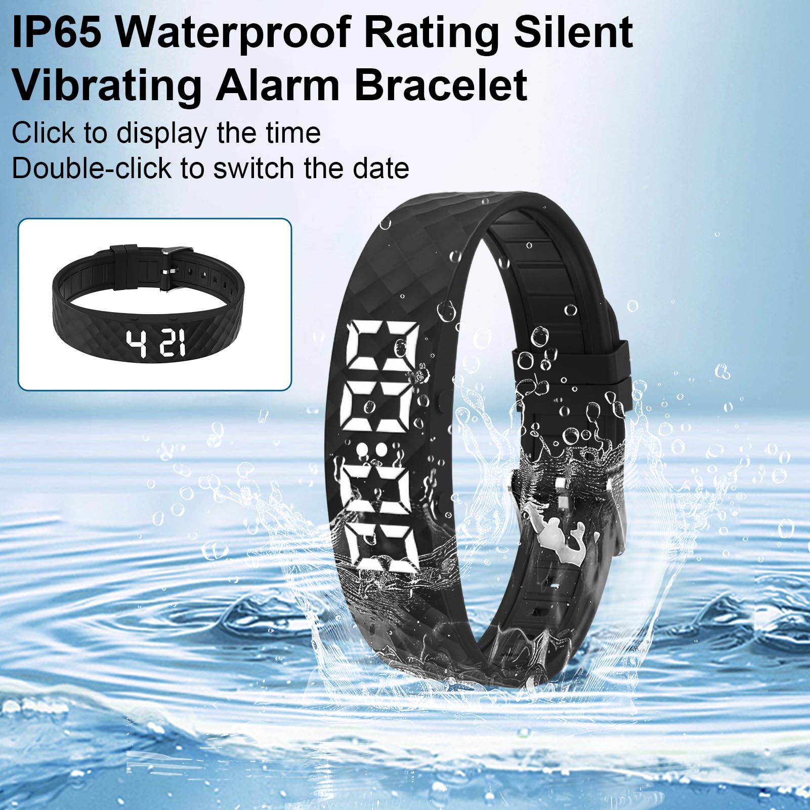 Bracelet Réveil Vibrant Intelligent Montre Vibrante Podomètre avec 8 Alarmes Multiples, Minuterie Répétitive Suivi du Sommeil et 30 Jours Activité Étanche IP65 Étanche Sangle Silicone Hypoallergénique