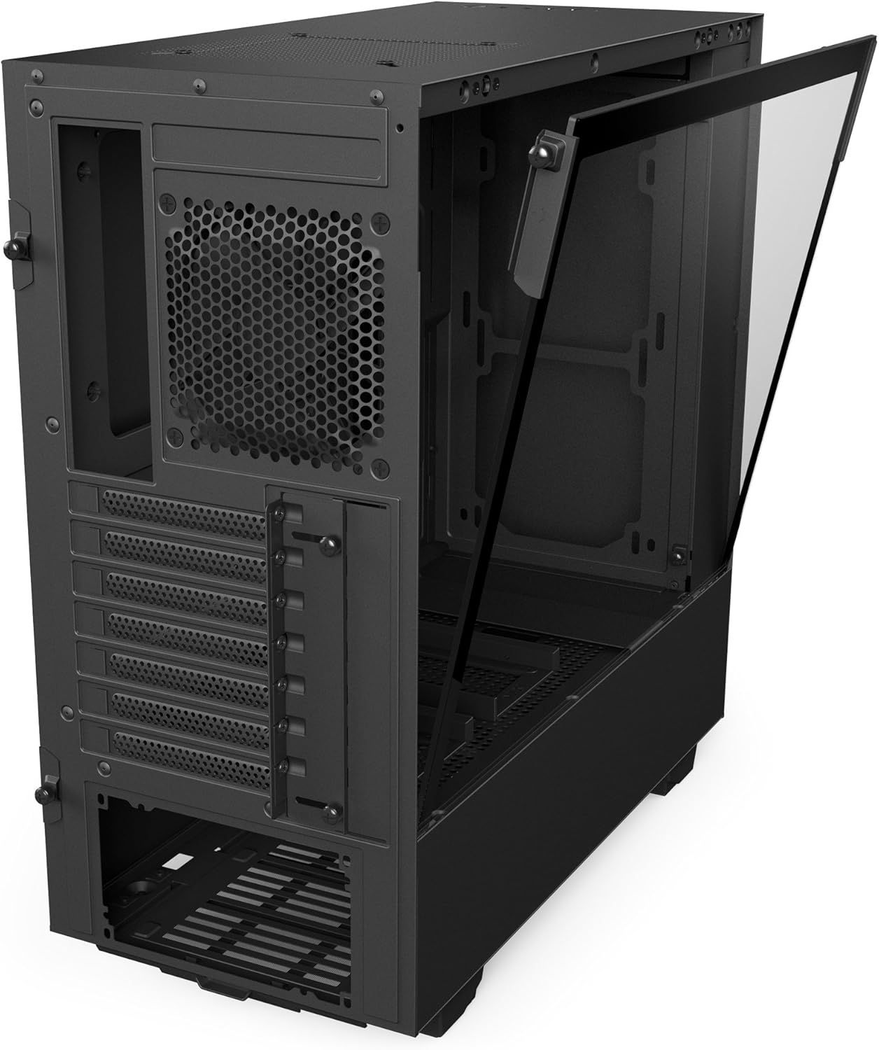 ຫລັງຂວາ view of NZXT H500 Non i-Series computer case with side panel open