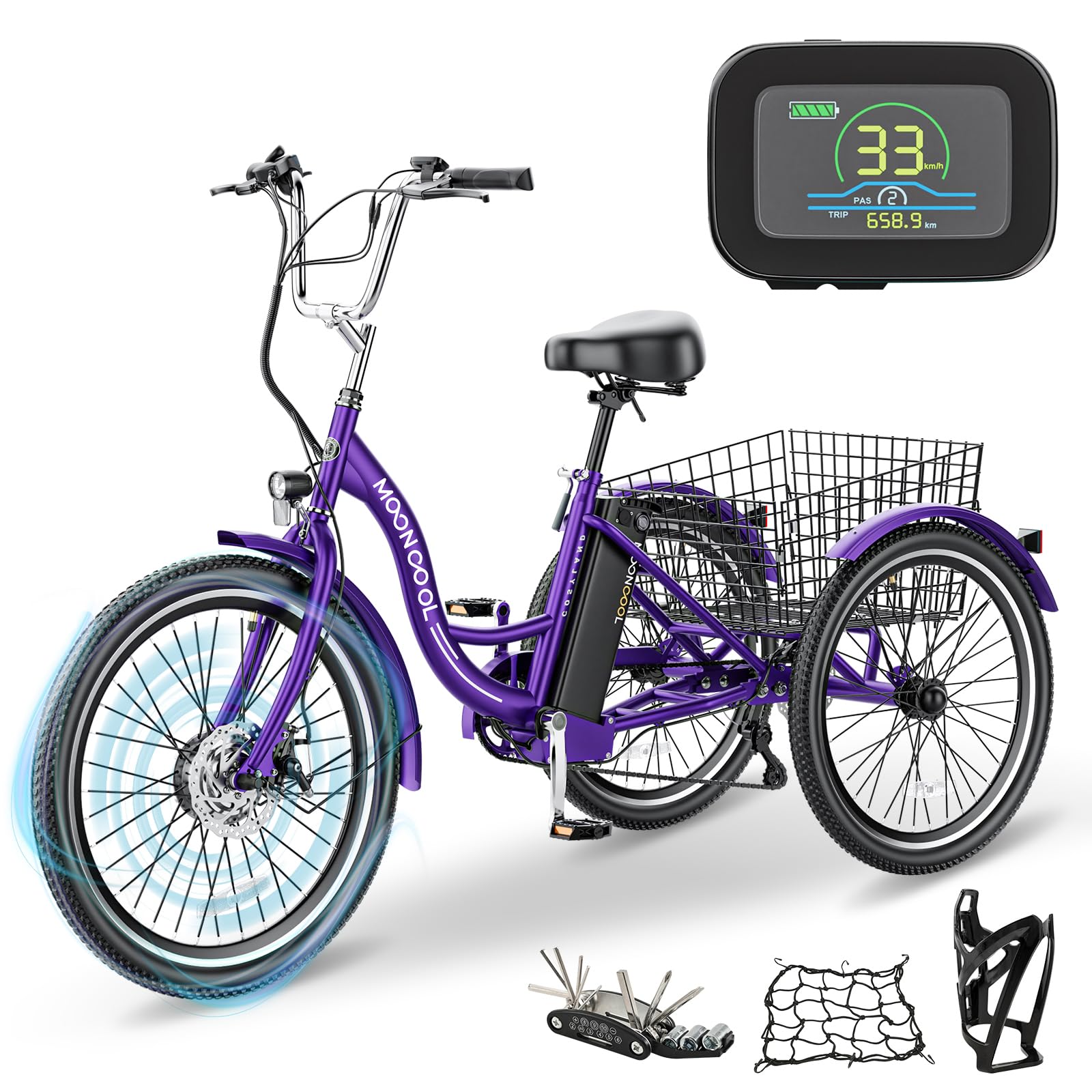 LILYPELLE Electric Tricycle for Adults, 350W 36V Electric Trike Motorized Three Wheel Electric Bicycle, 7 Speeds 3 Wheels 24" Adult Electric Tricycle with Large Basket