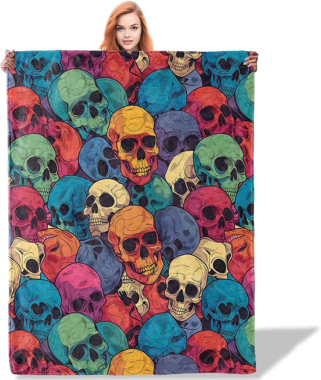 Colorful Skulls Throw Blanket 50x60 Inch, Vibrant Blankets for Bold Home Decor, Soft Flannel Polyester Gift for Creative Minds