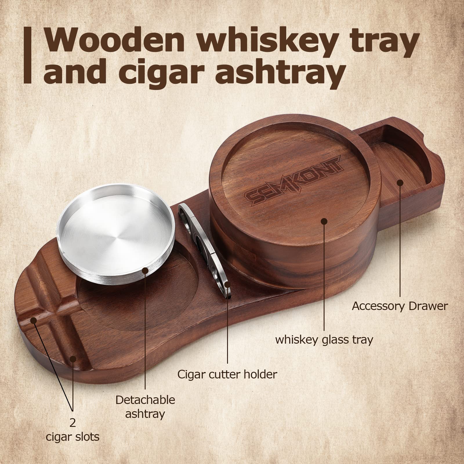 Zigarren Aschenbecher Set Mit Holztablett | Inkl. Zigarrenschneider & Schublade | Für Whiskyglas & Zigarre