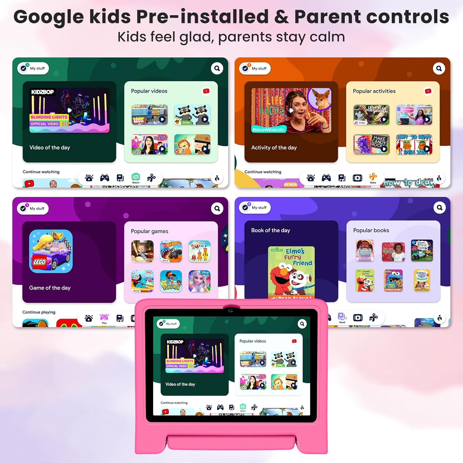 Kids Tablet 10.1 inch Android 14 Octa-Core 64GB 6000mAh Kids Space Parental Control 1280 * 800 HD Touchscreen Shockproof Case Dual Camera Gift for Toddler Children (Pink)