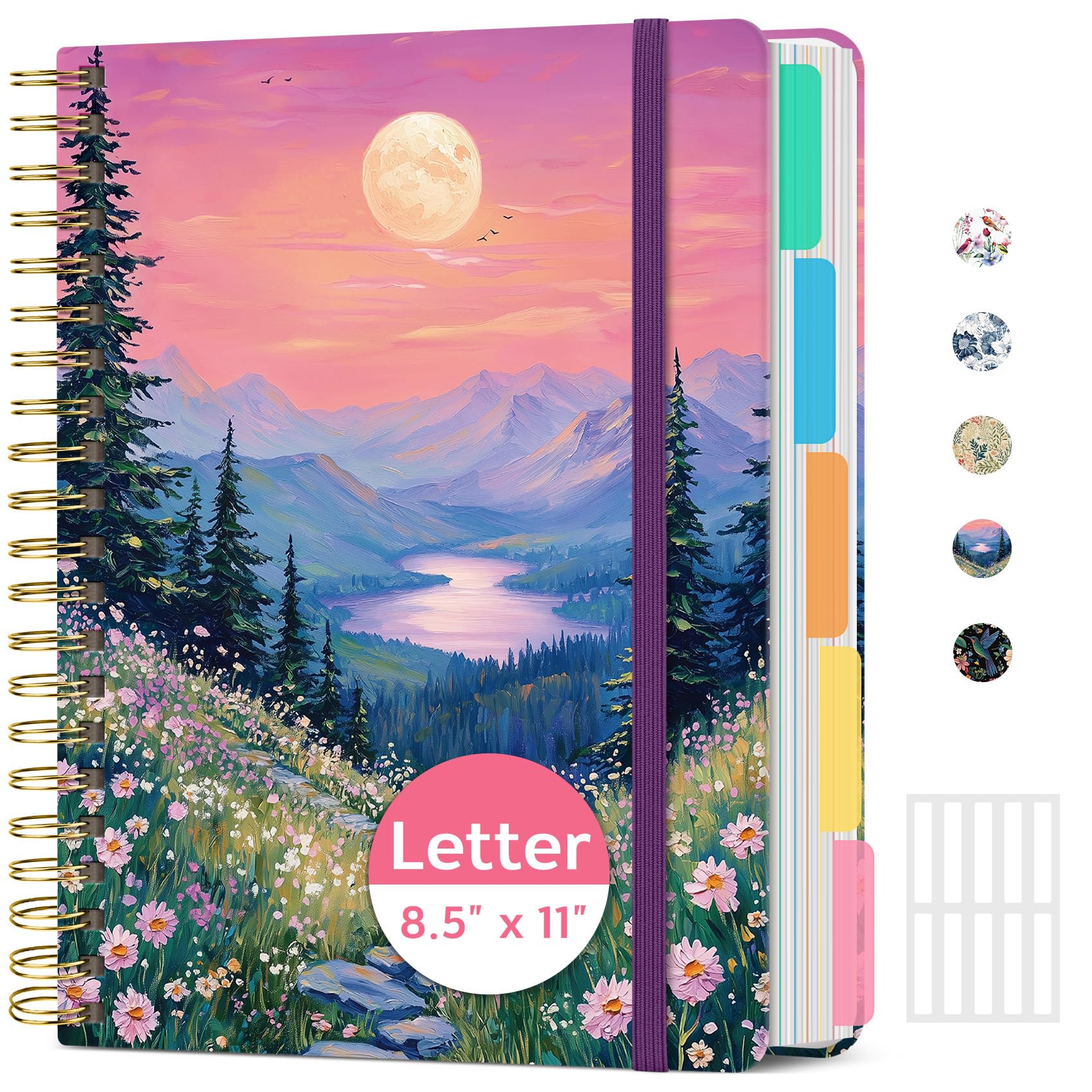 Cuadernos grandes con forro en espiral para el trabajo con separadores y pestañas extraíbles, 8.5 x 11 pulgadas, bonita tapa dura, cuaderno de 5 asignaturas para mujeres, rayado universitario