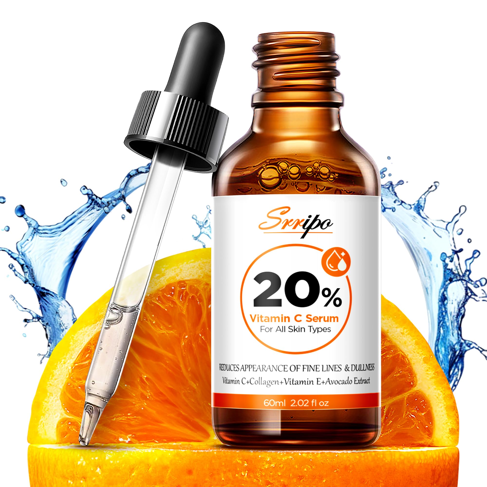 Pure Natural Skin Brightening & Anti Aging 20% Vitamin C Serum, Collagen Peptide Infused Face Serum for Deep Hydration, All-in-One with Niacinamide, Retinol, Hyaluronic Acid, 2.02 Fl Oz