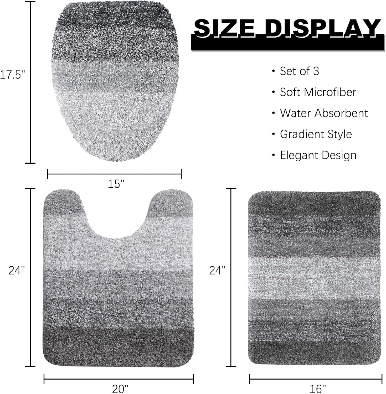 Arotive Microfiber Bathroom Rugs Bundle - 4 Pcs Set: 1 Shaggy Soft Absorbent Non-Slip Bath Mats 24x16, 1 U-Shape Mat 24x20 & 2 Toilet Lid Cover 17.5x15, Grey