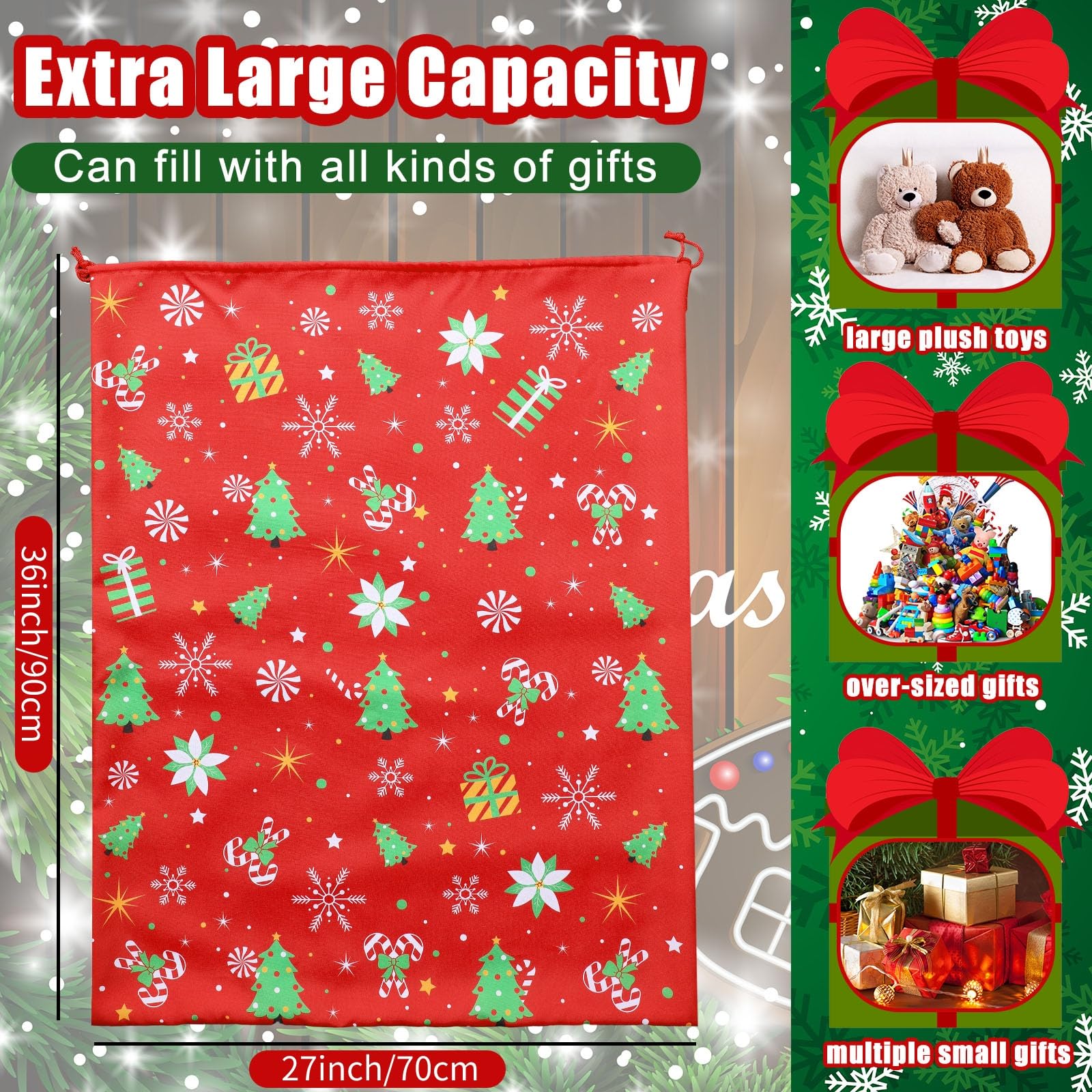 Hillban Extra großer Weihnachtsmann-Geschenksack mit Kordelzug, 91,4 x 68,6 cm, Weihnachtsmann-Tasche, Frohe Weihnachten, Geschenktasche für Spielzeug, Süßigkeiten, Leckereien, Aufbewahrung von