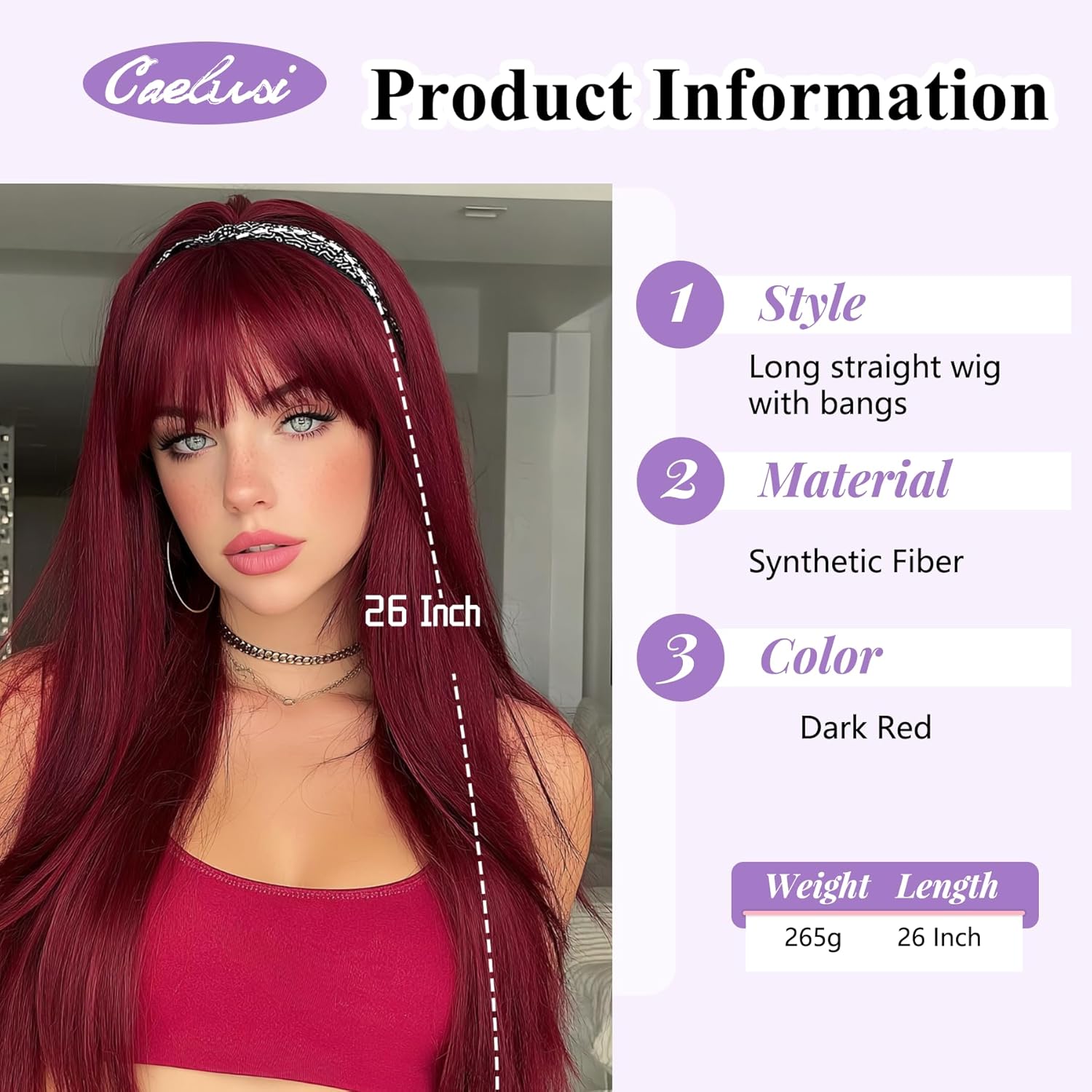 Red Wig for Women Long Straight Dark Red Wigs with Bangs 26 Inch Burgundy Wig Synthetic Wine Red Wigs Layered Straight Colored Cosplay Wigs Natural Red Hair Wig for Girls Daily Party Costume Use - Image 2