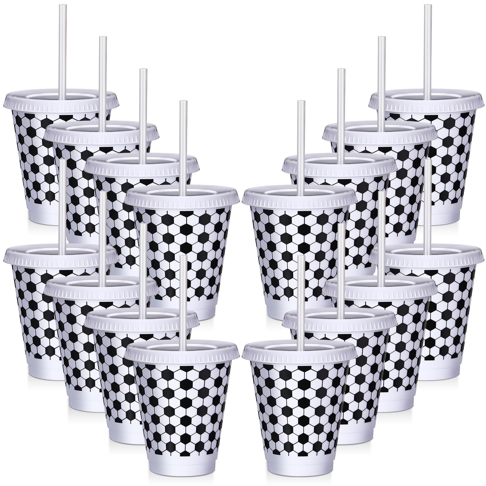 Ziliny 12 Pcs Soccer Party Cups with Straws and Lids Bulk 16 oz Plastic Water Soccer Cups for Birthday Supplies Reusable Sports Party Decoration for