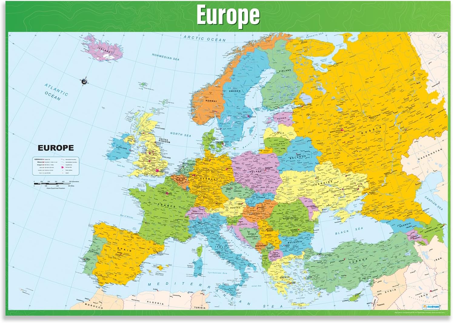 Europe Map Classroom Poster - EXTRA LARGE 33” x 23.5” - Laminated - Map of Europe Geography Class Decoration - Wall Chart by Daydream Education