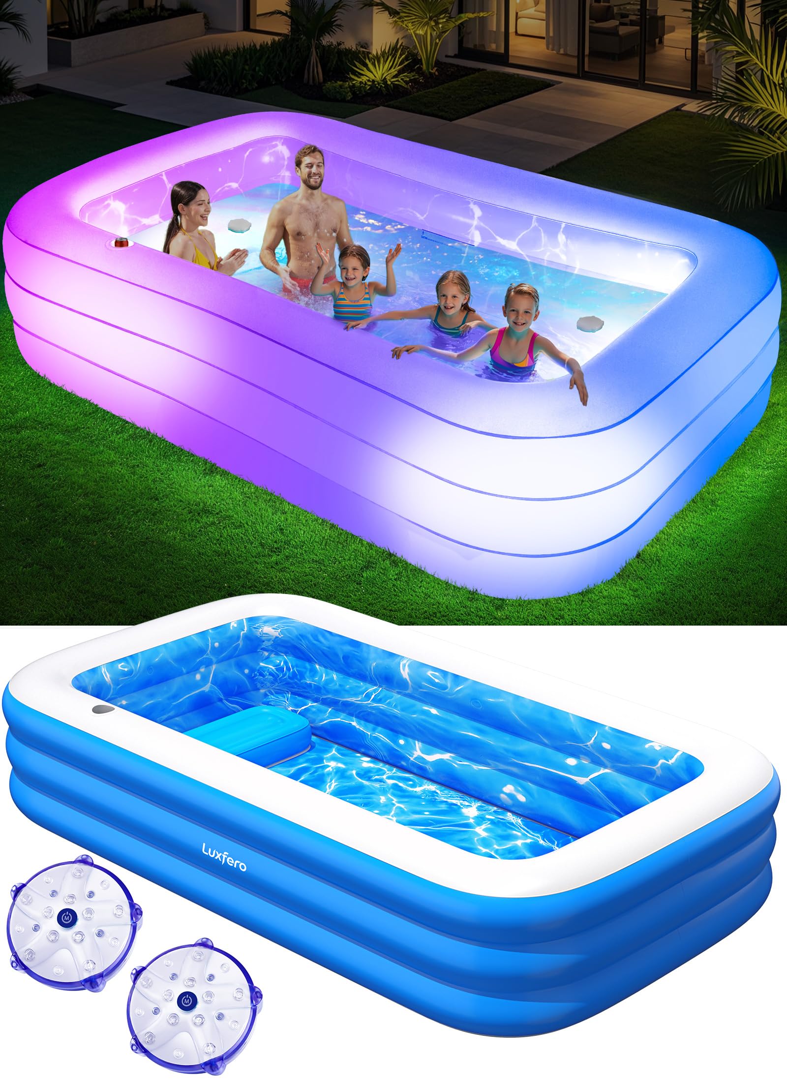 Luxfero Piscina Hinchable Grande con Asiento y Luces, 280x160x50 cm Piscina Inflable Adultos, 1400L Espesado Piscina Hinchables Rectangular, Piscina Hinchable Familiar para Jardin Adultos