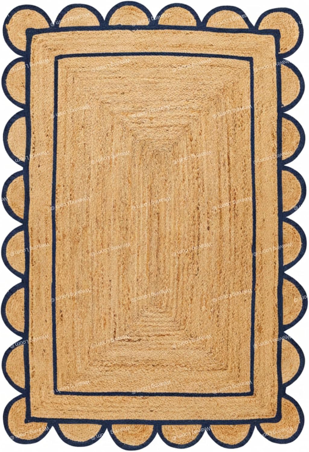 Natural Jute Wave Scalloped Area Rug 12x15 Ft - Blue Stripe Rugs for Home & Kitchen, Handmade Carpet, Natural Jute Hallway Large Rectangular Area Rug