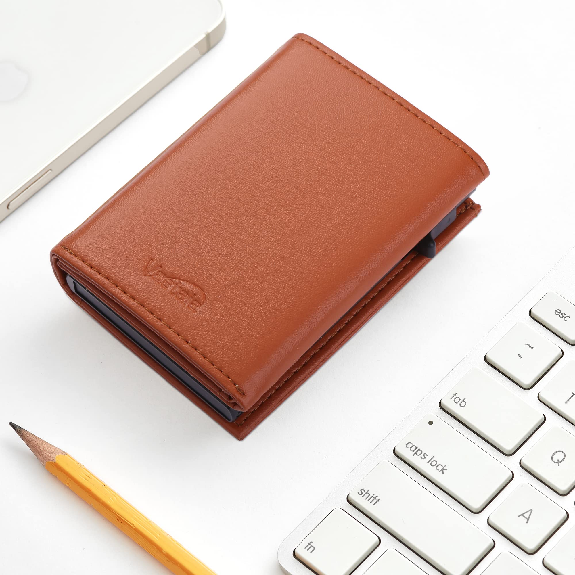 Vastaia Portafoglio da uomo in pelle piccolo con portamonete, Marrone brillante, m, Minimalista