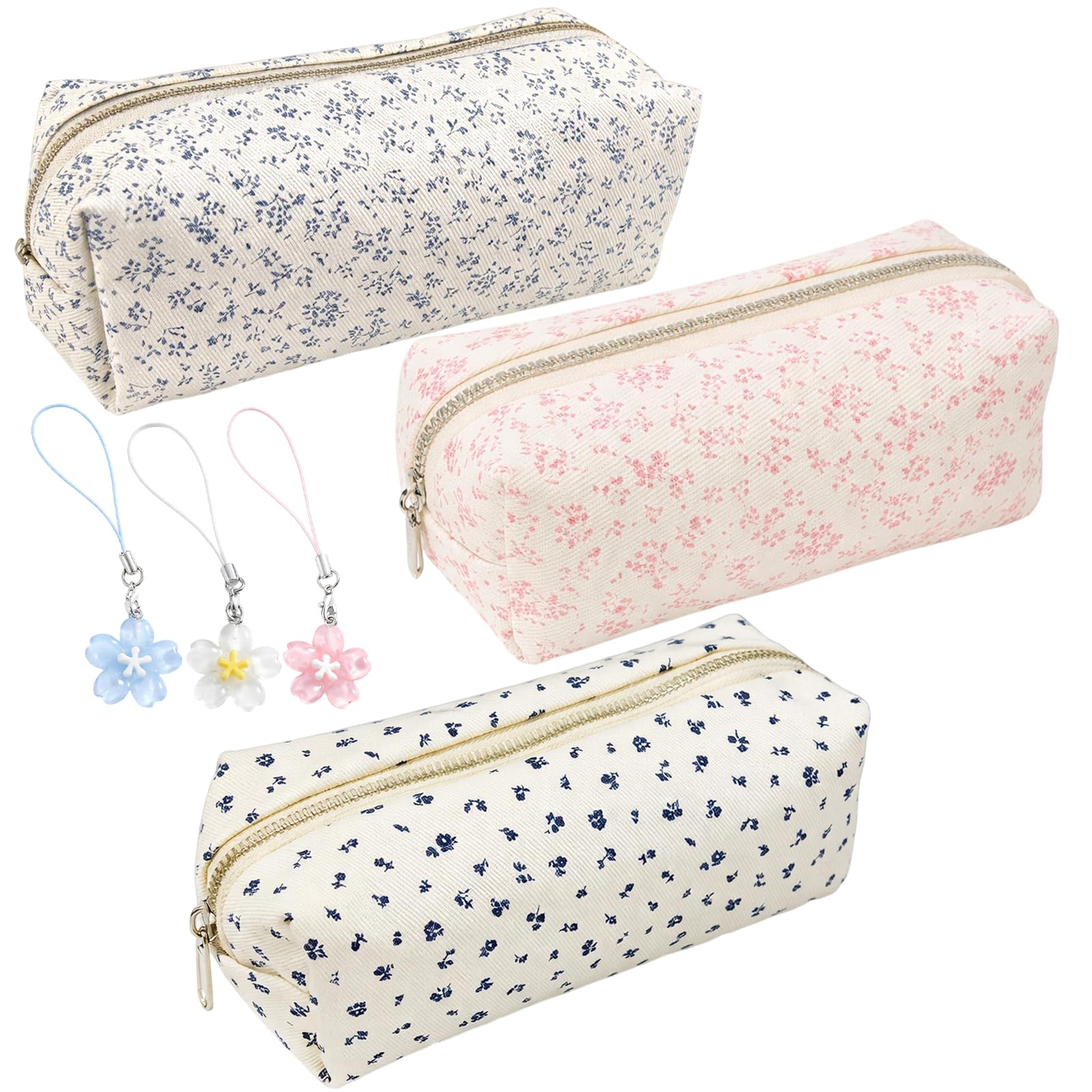 ZKFSIE Floral Pencil Case, Stationery Organisation Set, Three Pencil Cases with Flower Charms in Pink Light Blue Navy Blue, Gift for Girls and Teens, Backpack Accessory for Creative Projects