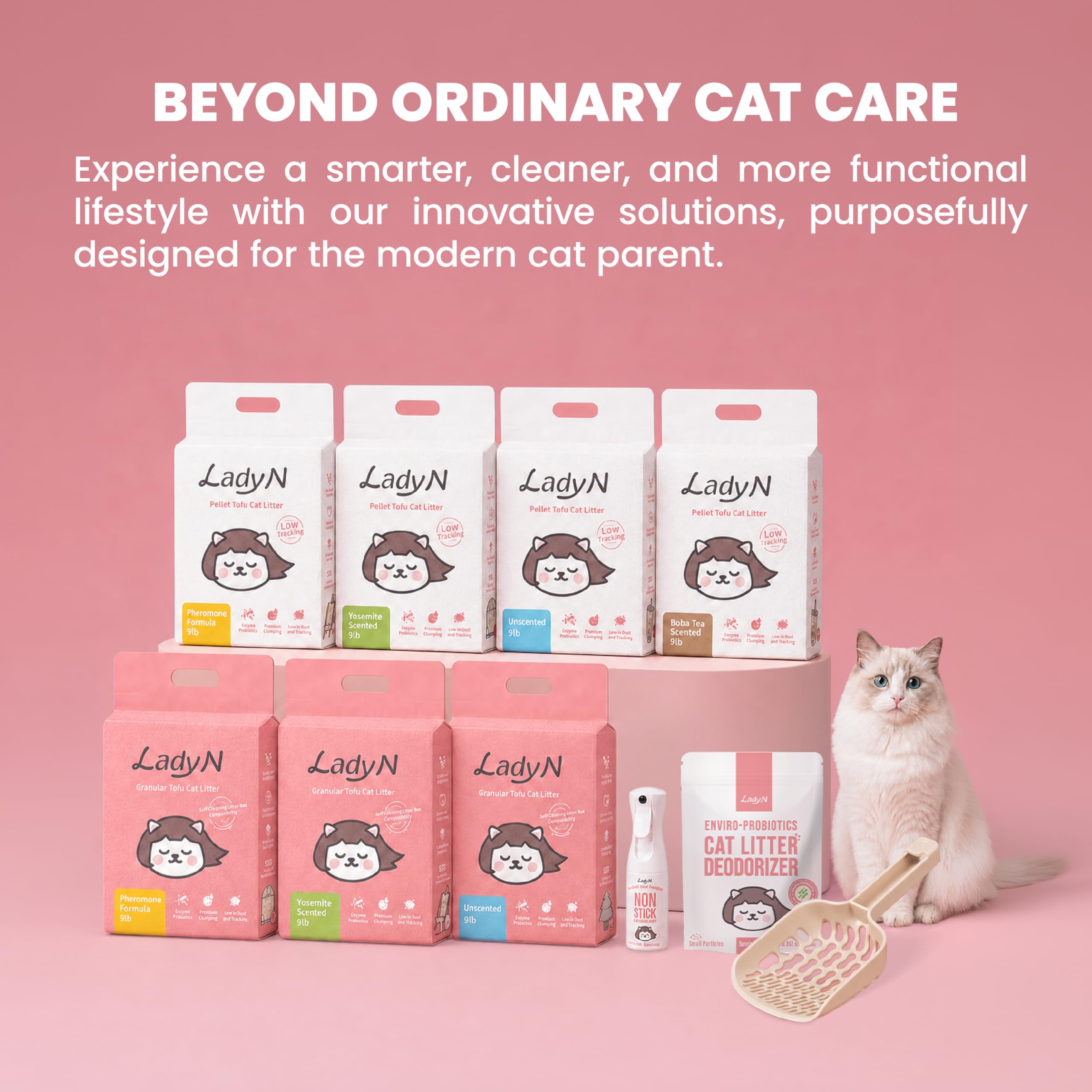 Lady N Pellet Tofu - Arena para gatos, fuerte aglomeración, ultra absorbente, sin polvo, bajo seguimiento, ecológico y carbón activado para control de olores, 18 libras (2 paquetes sin perfume)