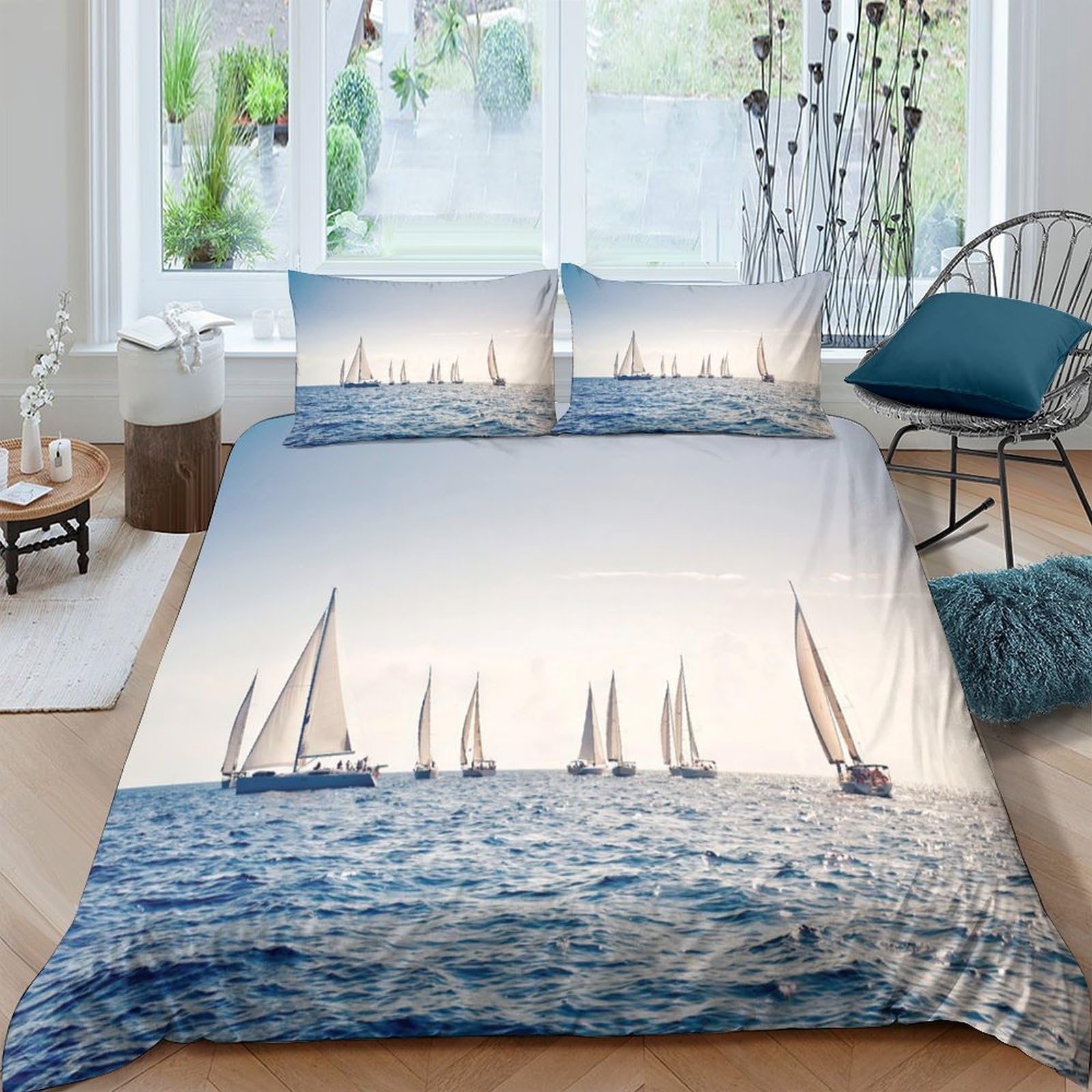 XFKLYNVCJ 3D Printed Sailboats at sea Comforter Cover Premium Polyester Marine adventure style Duvet Cover Shrink Resistant Quick Drying for Birthday Gift Adults Home Daily Use Double（200x200cm）
