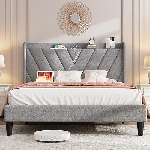 koorlian Base de cama tamaño Queen, plataforma tapizada ajustable de lino con puerto tipo C y USB, cabecera de almacenamiento con respaldo de ala,