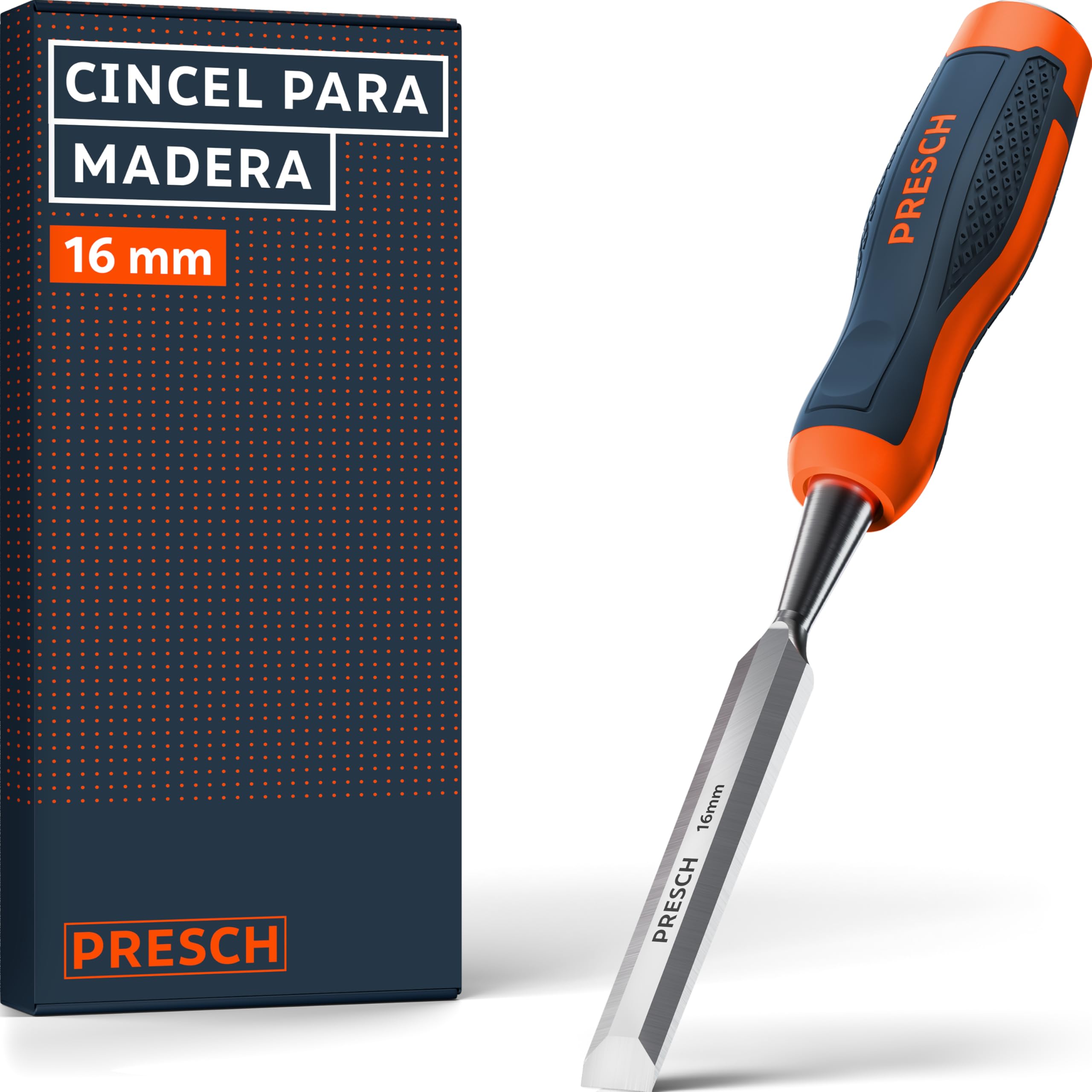 Presch Cincel para madera 16mm - Perfectamente afilado para uso inmediato - Profesional con ángulo de cuña de 25° - Robusta caperuza de impacto metálica - Mango ergonómico para un agarre seguro