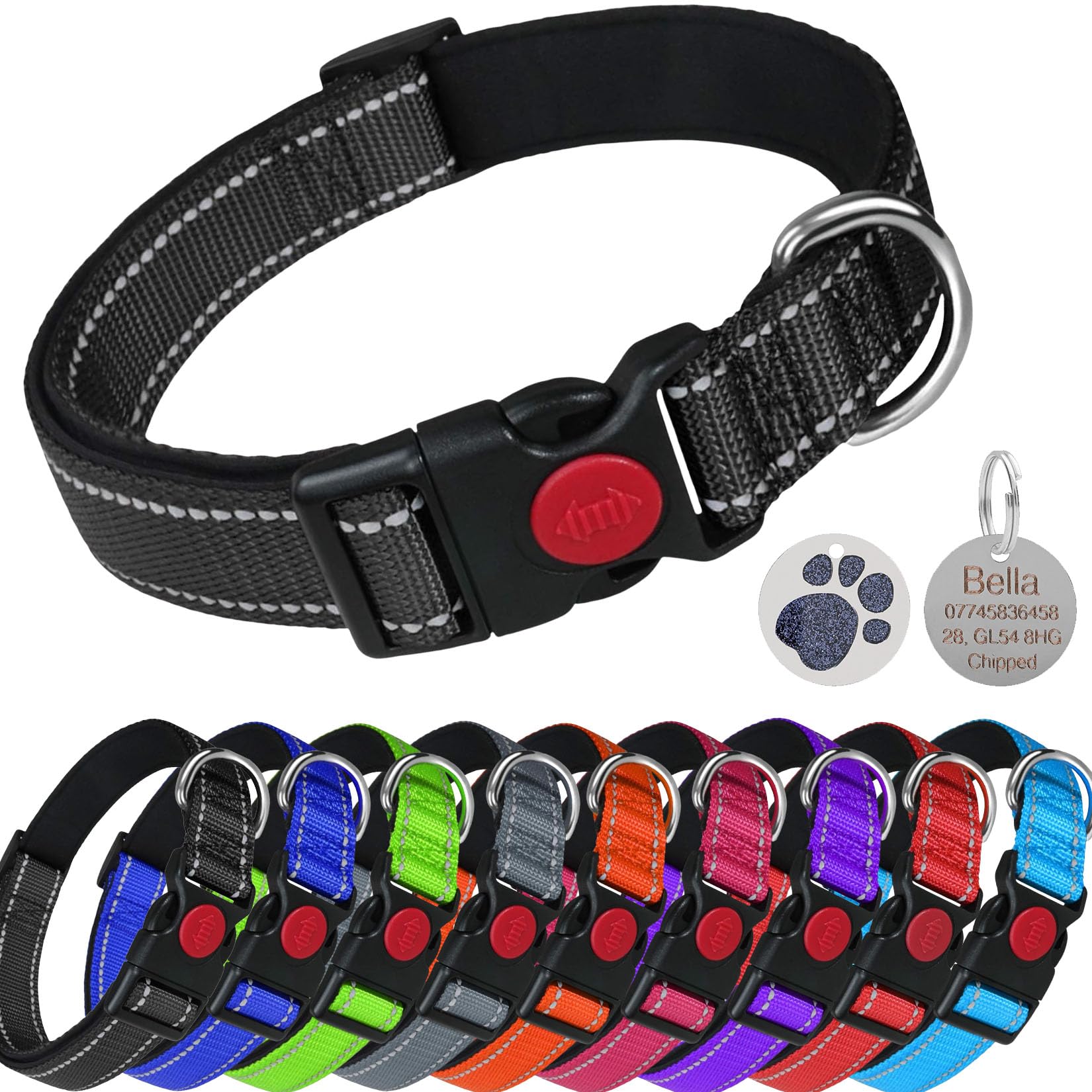 LARRYROO Reflective Dog Soft Padded Nylon Collar | Slide Lock Safety Buckle | Fully Adjustable With Personalised Engraved Round Paw Print Glitter Tag (Black, Large (40cm - 60cm Neck))