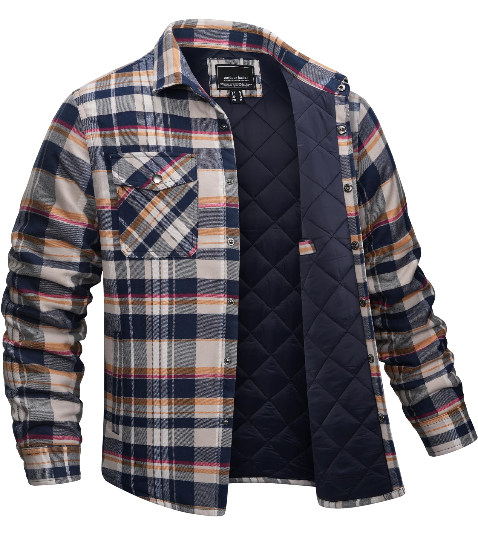 EKLENTSON Men's Flannel Shirt Jacket Quilted Lined Plaid Coats Warm Winter Jacket Thick Button Down Coat with 5 Pockets