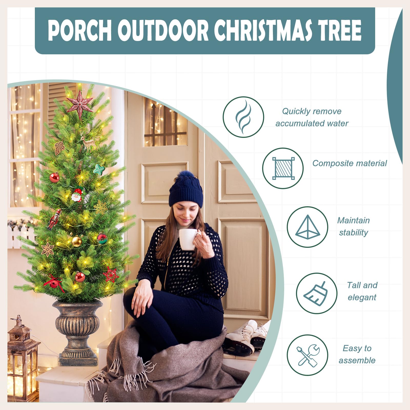 Gfilay Árbol de Navidad Artificial con Luces de 120 cm en Maceta, Funciona con Pilas, Preiluminado e Inalámbrico