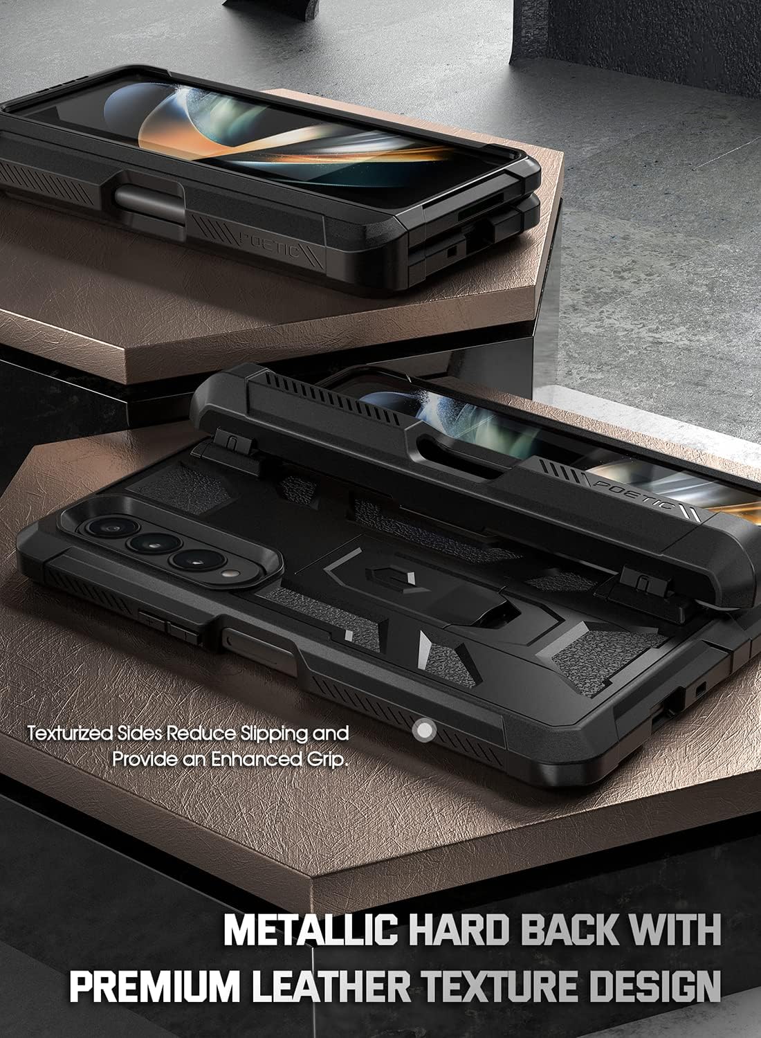 Poetic Spartan Case Compatible with Galaxy Z Fold 4, Case with S Pen Holder, Built-in Screen Protector and Kickstand, Full Body Rugged Hinge Protection, Matte Black