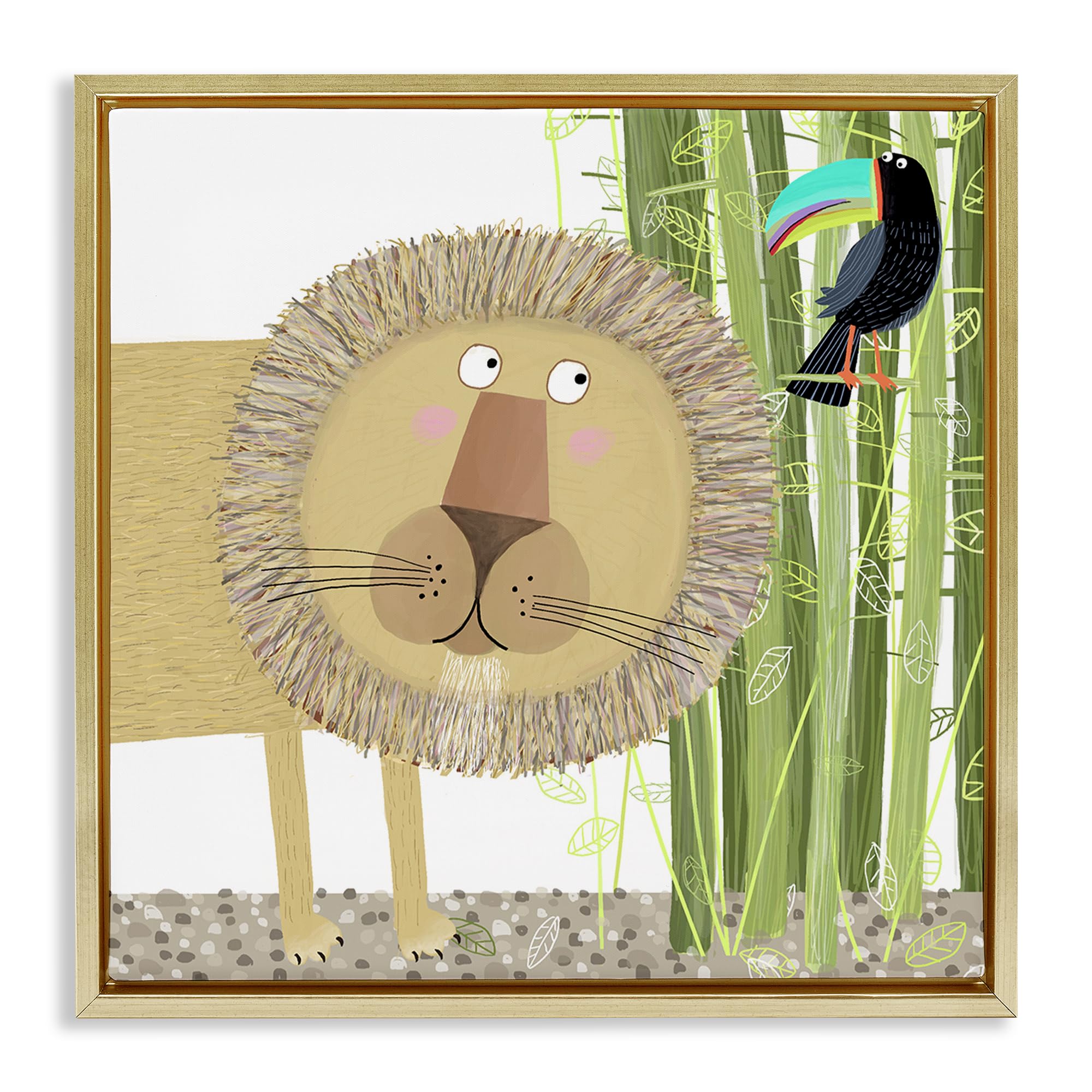 Stupell Industries Metallic Gold (Matte) 'Lion With Bamboo Trees & Toucan'| Floating Frame Canvas Art