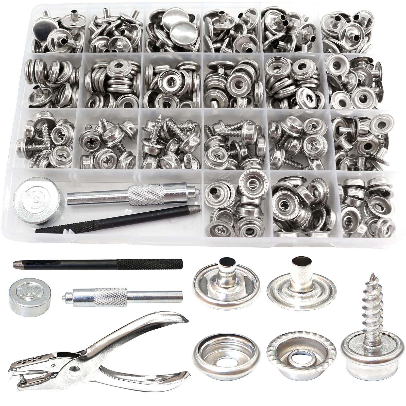 Photo 1 of 324Pcs Canvas Snap Kit Stainless Steel Screw Snaps with Setting Tool Marine Grade Snap Boat Cover Button Fastener Accessories Furniture Screws for DIY Leather Canvas Tent Bed Wall Sofa