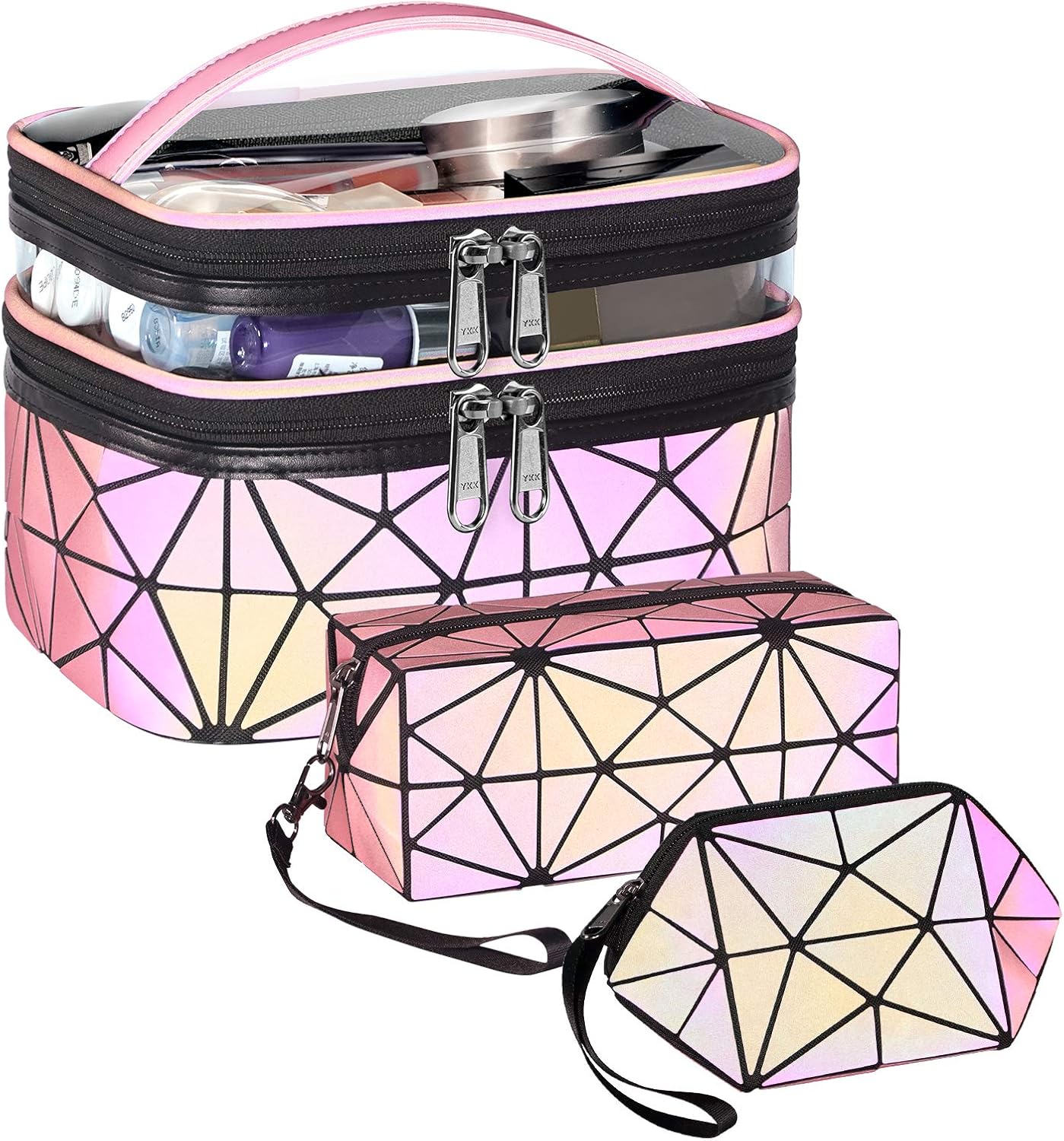 Travel Makeup Bag, Cosmetic Bags for Women, Luminous Geometric Travel Cosmetic Bag, Double Layer Multifunctional Holographic Portable Makeup Bags organizer Set, Cosmetic Travel Bag Organizer Gifts : Clothing, Shoes & Jewelry