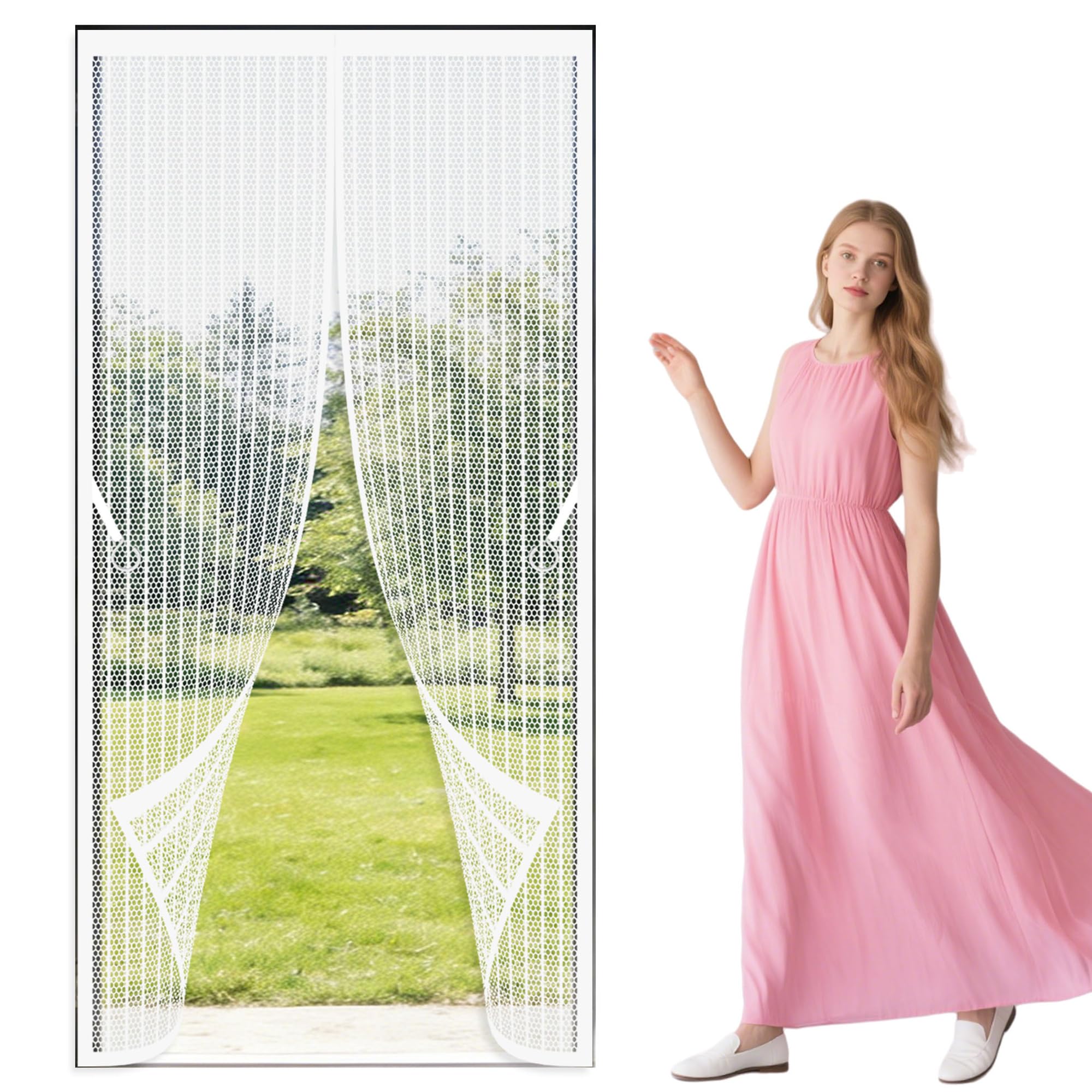 Fly Screen Door 84 x 198 cm No Drill Installation Insect Mesh Keeps Flies Mosquitoes Out Suitable for Balcony, Terrace, Cellar, Bedroom and Sliding Room, White