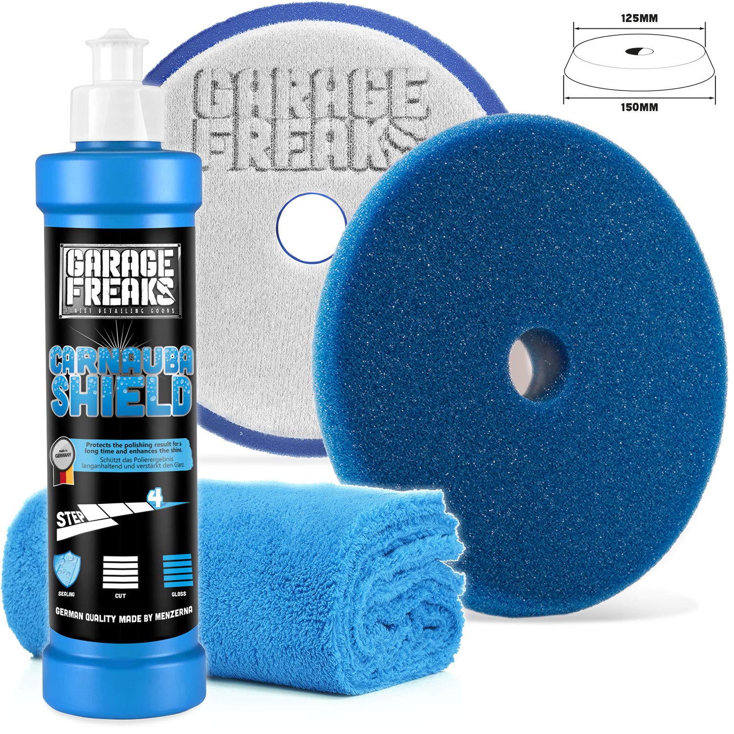 Garage Freaks - Step 4 - Protection Carnauba Shield Set Carnauba Shield Wachsversiegelung 250ml Wax Foam Pad + Edgeless Superflausch Mikrofasertuch 40x40cm, 550GSM