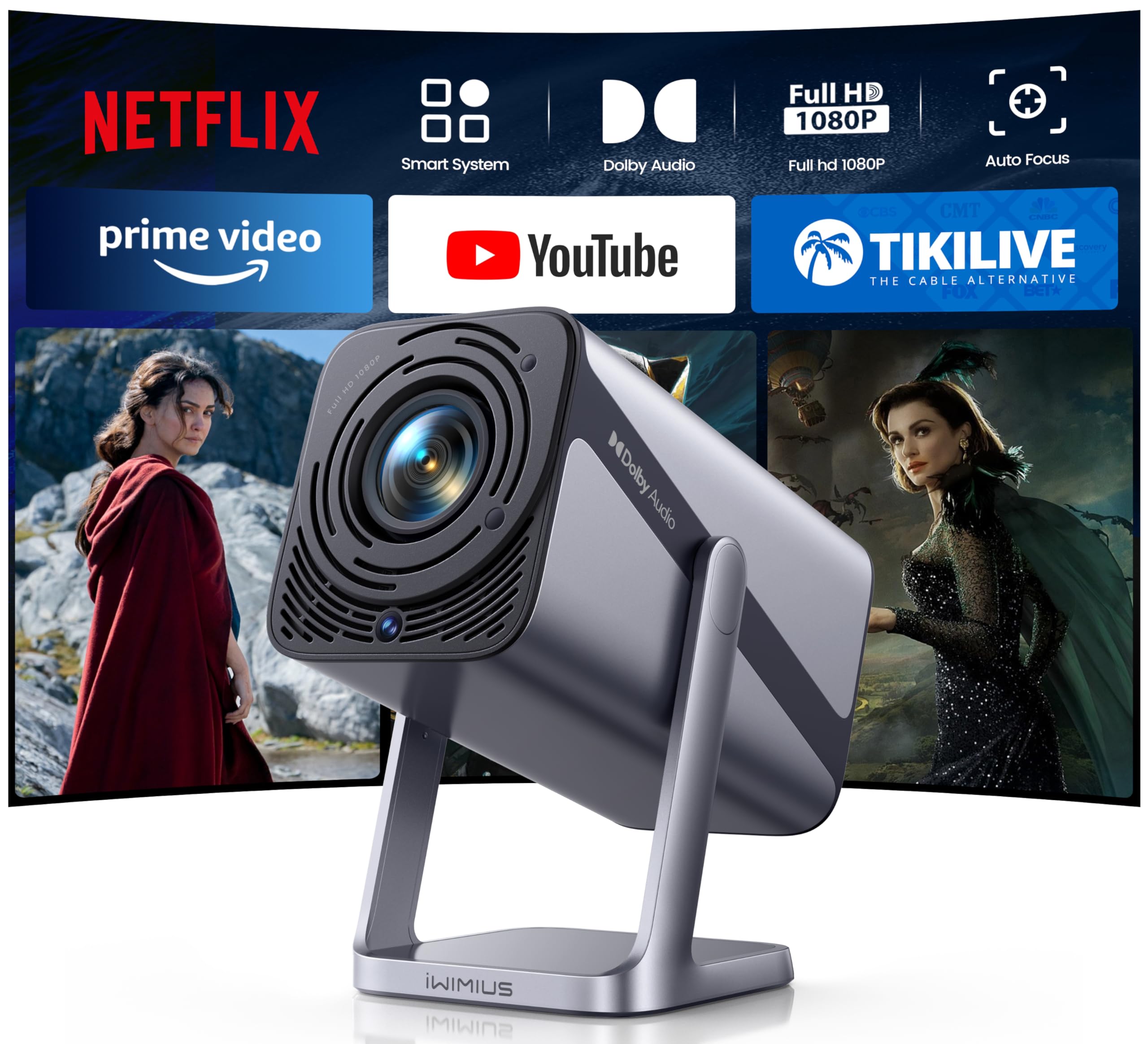 Mini Beamer 4K 600ANSI Smart Beamer 4K Full HD 1080P Auto Fokus Auto Vertikale Trapezkorrektur Projektor 360° Drehbar WiFi6 2-Wege Bluetooth Kurzdistanz Projektor für Home Outdoor Integrierte Apps