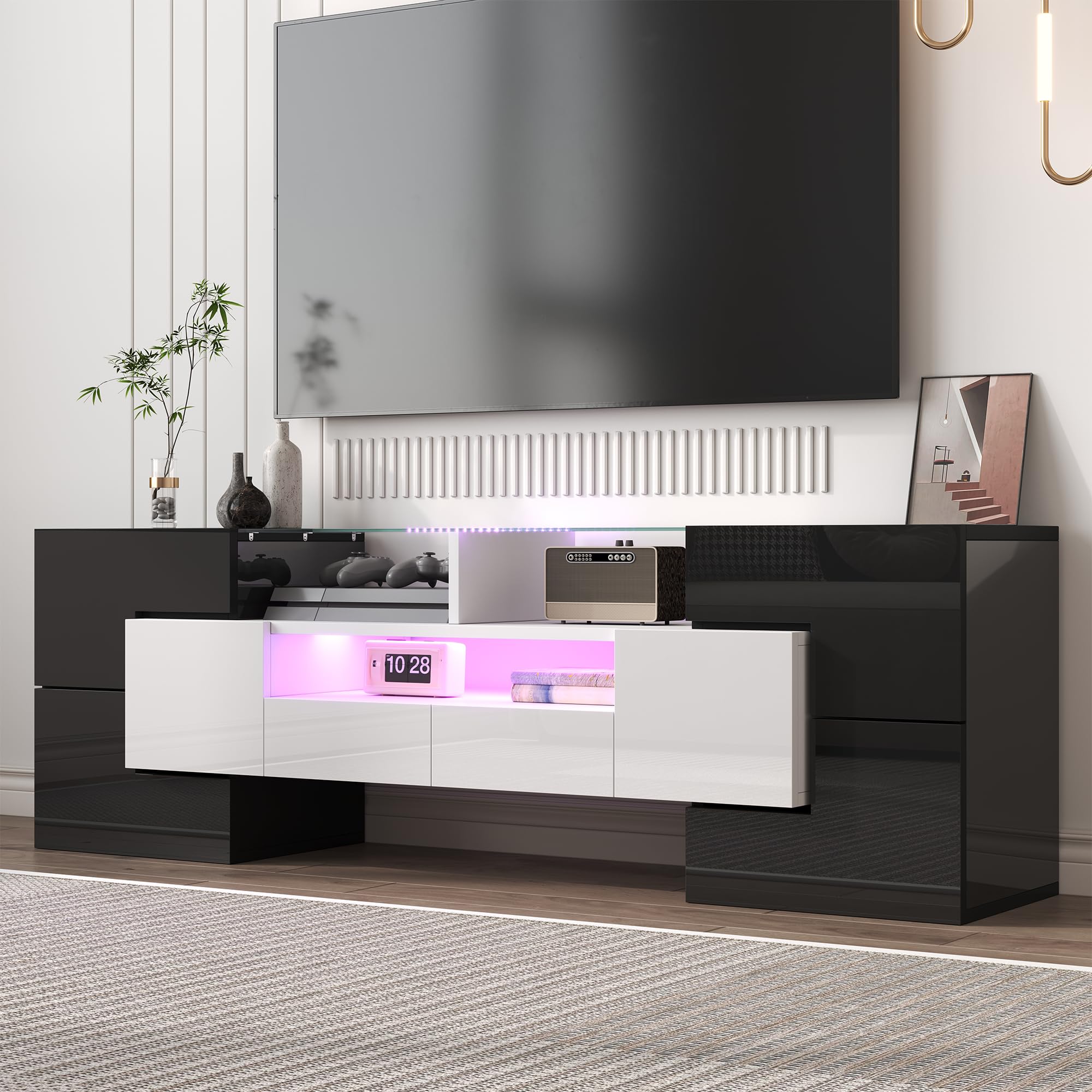 BTM Meuble TV LED, Moderne avec Rangement, Bas en Verre, Meuble TV Salon, Charge 60kg, 150 x30x51 cm, Blanc et Noir