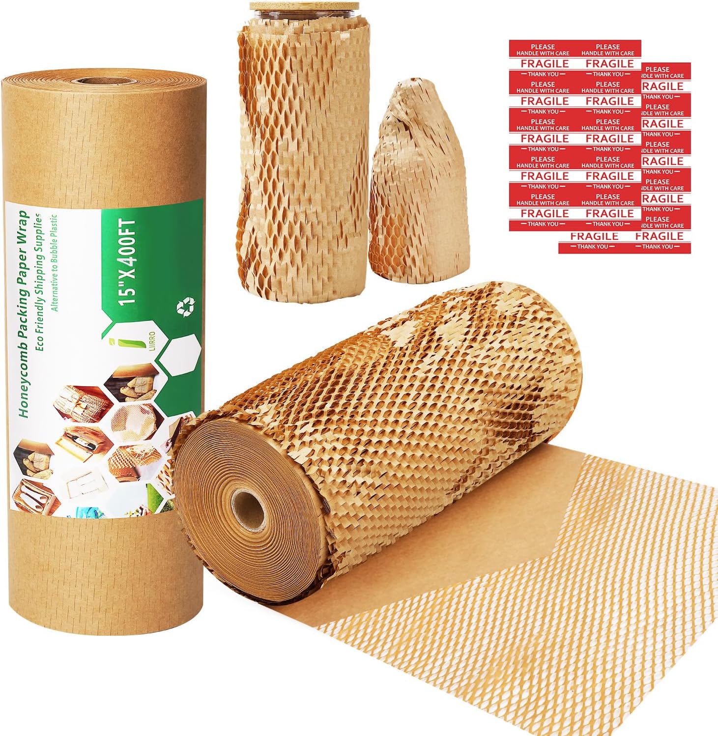 Honeycomb Packing Paper Wrap 15"x400' Sustainable Alternative to Bubble Cushioning Wrap Biodegradable & Fully Recylable for Moving/Shipping/Packing Roll with 20 Fragile Stickers