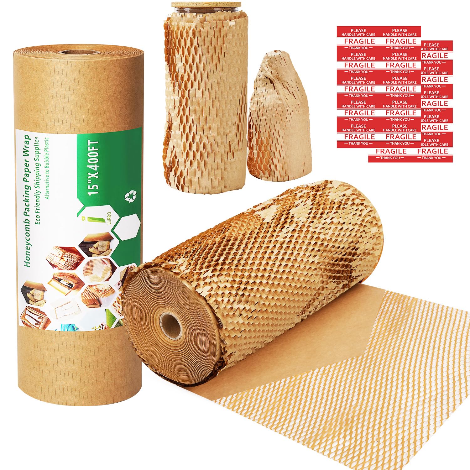 Papel de embalaje de panal de abeja de 15 x 400 pies biodegradable para mudanzas con 20 etiquetas