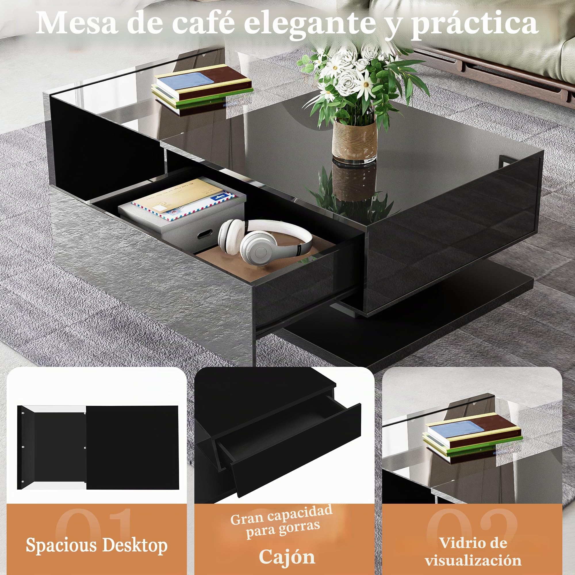 Mesa de centro con iluminación LED, 105 x 55 cm, color negro brillante, moderna mesa de salón con placa de cristal, compartimento de almacenamiento y luz LED RGB, elegante mesa auxiliar para