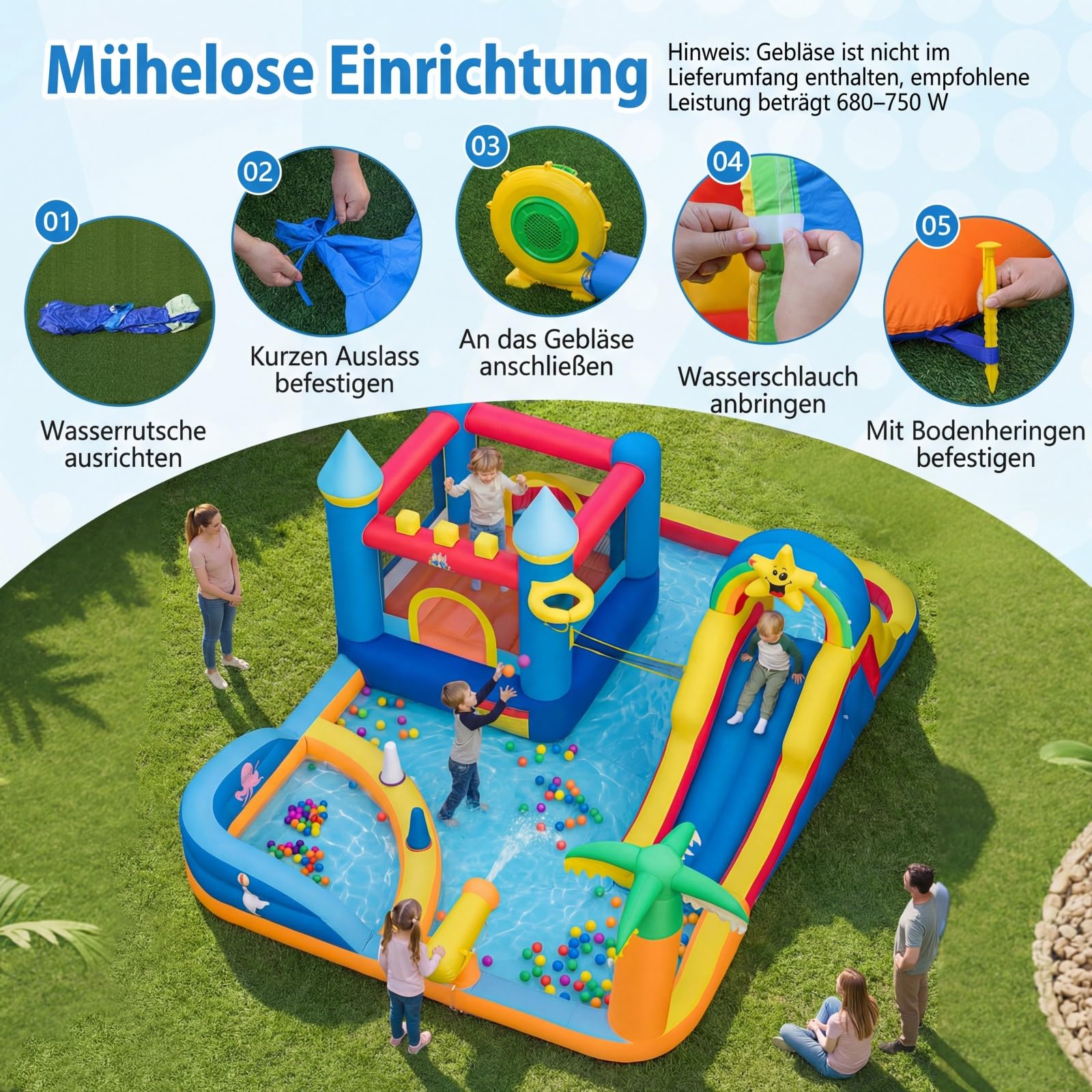 COSTWAY Hüpfburg mit Wasserrutsche, Kletterwand, Sprungbereich, Bällebad, Ringwurfspiel, Wasserkanone, Fußball, Basketball & Volleyball, Wasserhüpfburg für Kinder, Wasserpark für Außenbereich