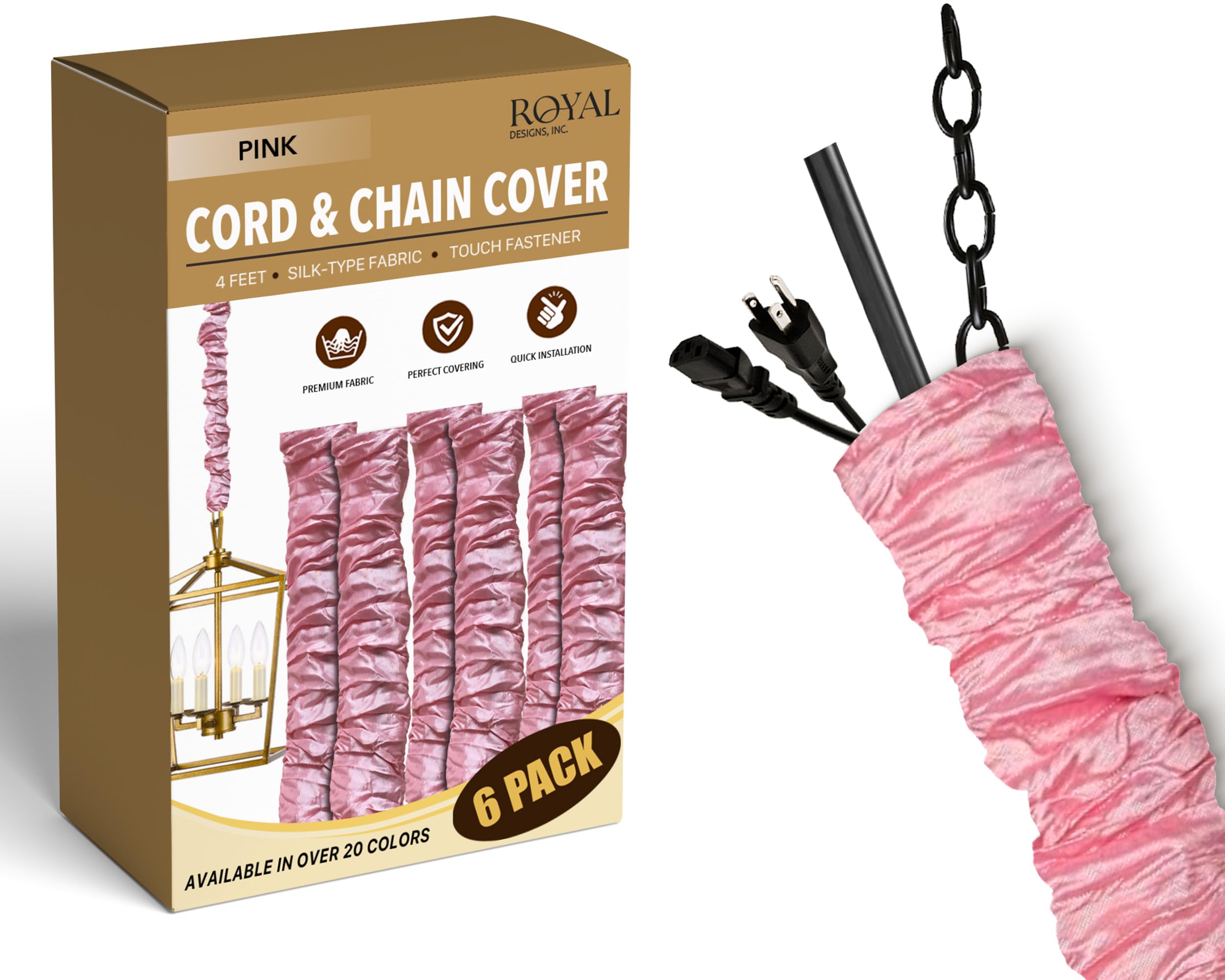 Royal Designs, Inc. Cord &amp; Chain Cover 4 ft Silk Type Fabric, Chandelier Pendant Lighting Chain &amp; Cable Management, Touch Fastener, Pink - 6 Pack