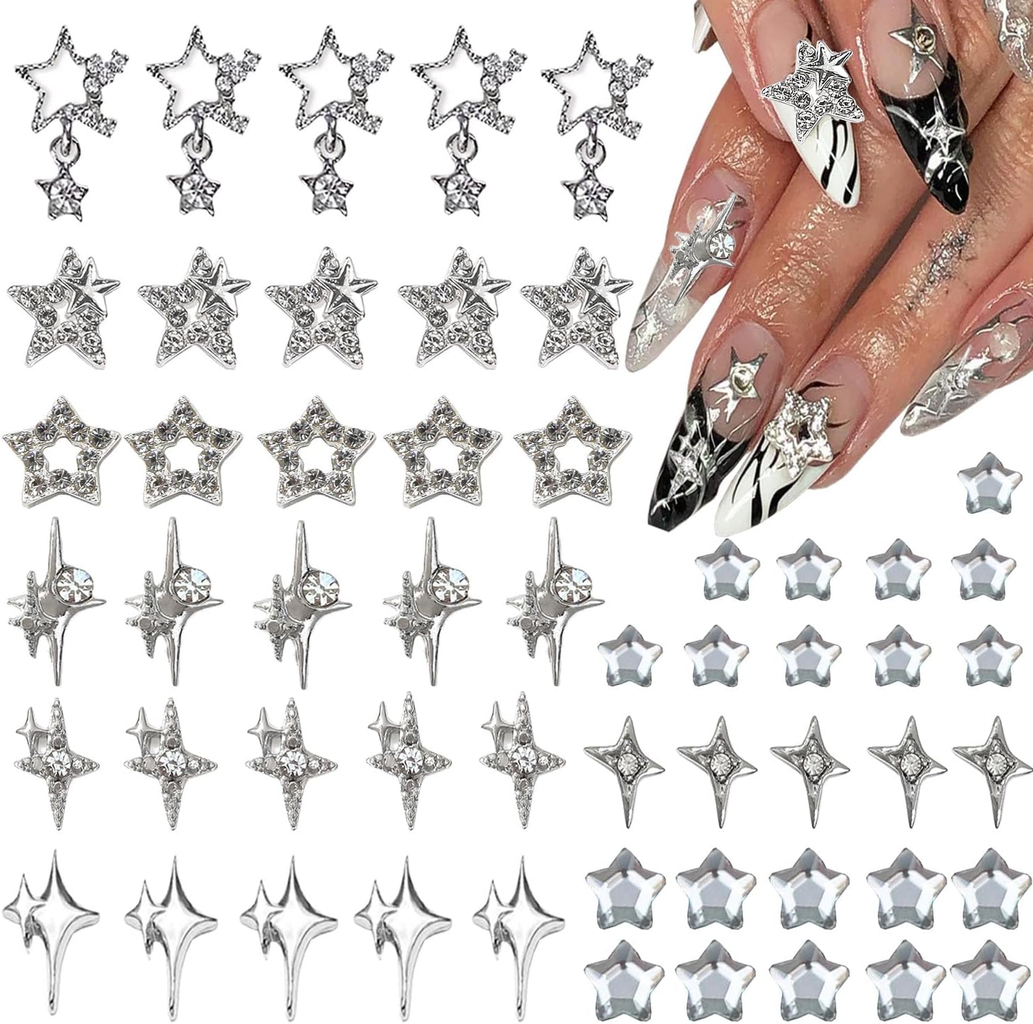 15Pcs Alloy Star Nail Charms Rhinestones for Nails 3D Stars