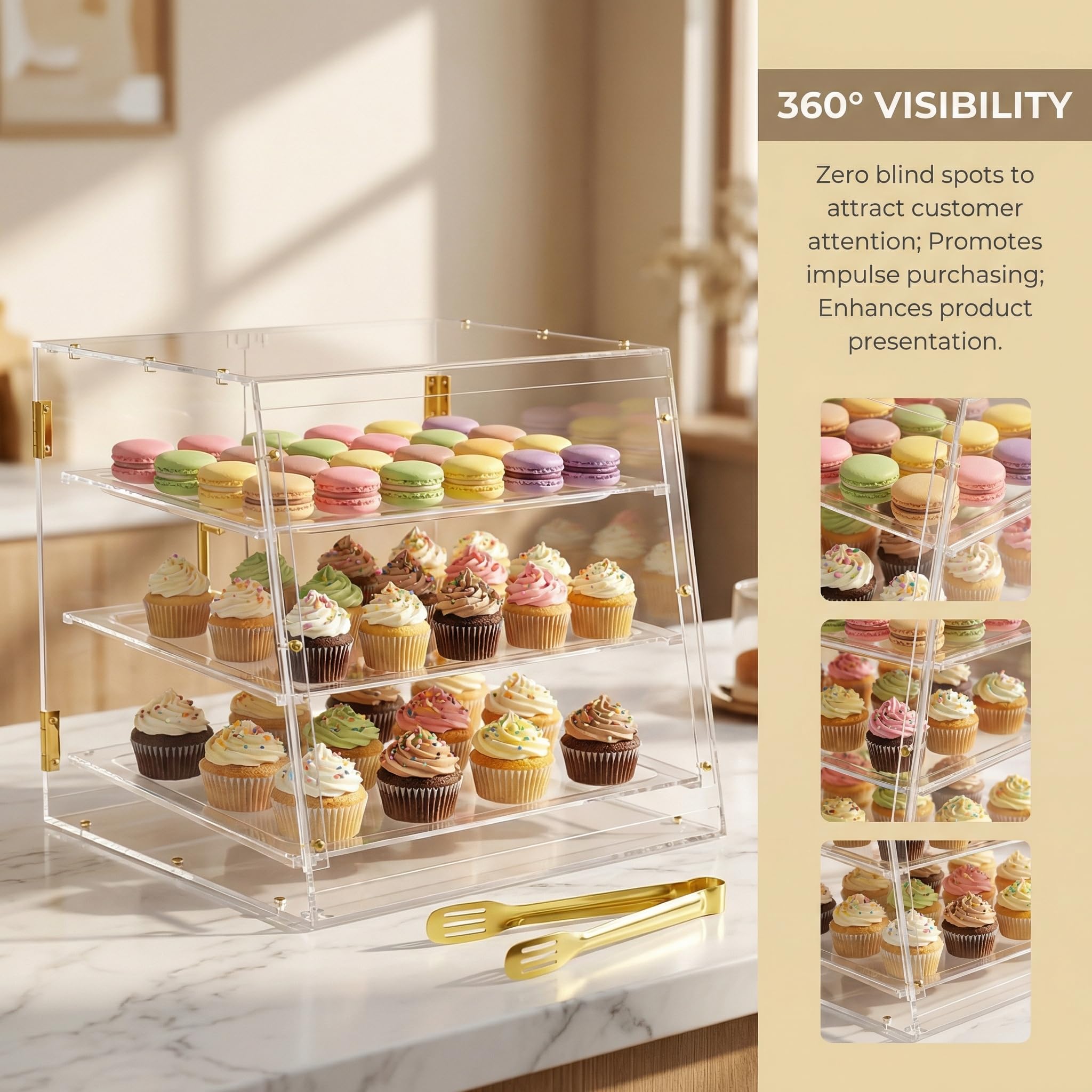 Acryvic - Vetrinetta per pasticceria con 3 vassoi, vetrina da banco commerciale con porte magnetiche, 53 cm x 43 cm x 42,5 cm, vetrina per dolci e cibo per vendita al dettaglio di hamburger, ciambelle