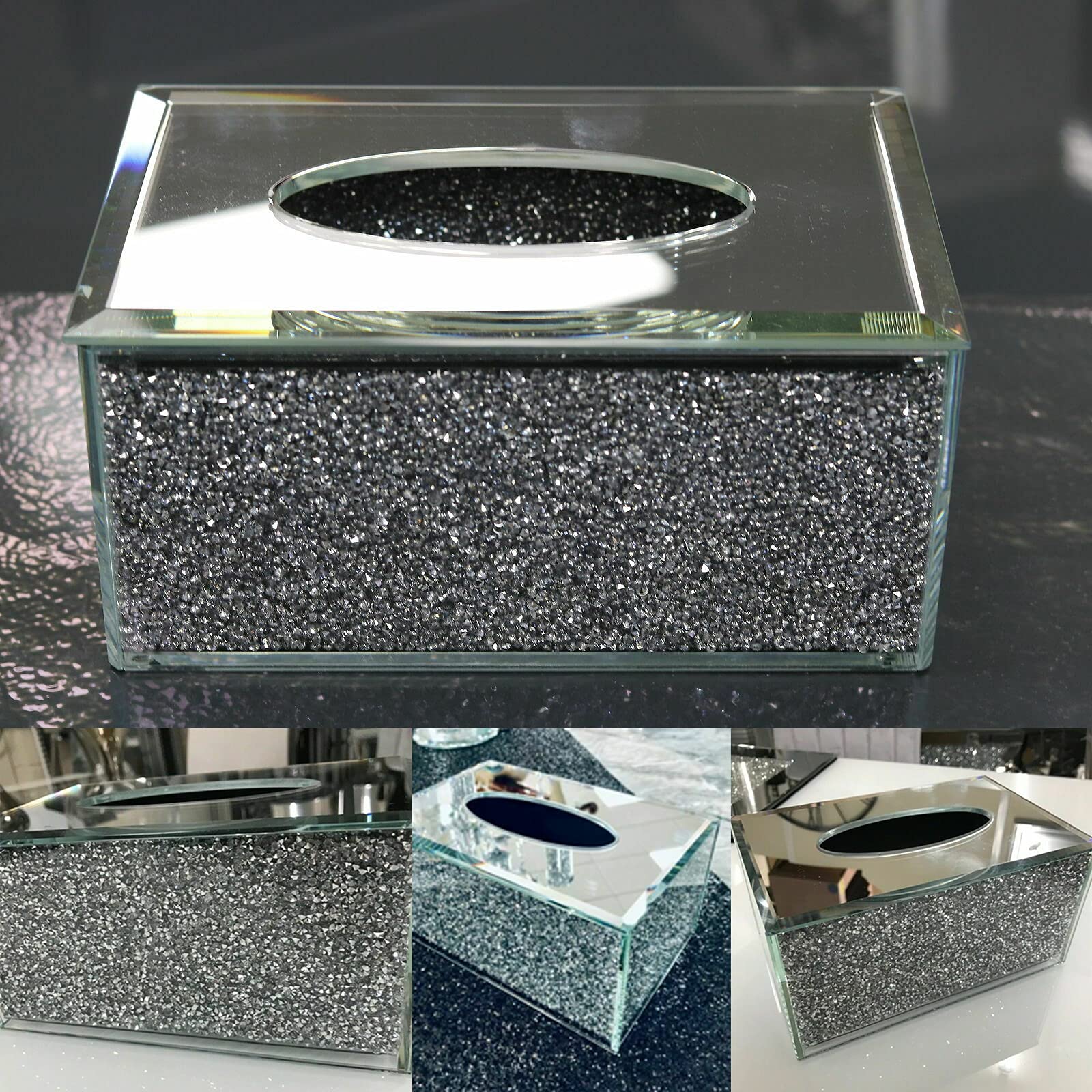 SAHZ Silver Sparkle Crystal Crushed Diamante TISSUE Cover Box Mirrored Diamond Home Décor Napkin Holder For Home Office Car 24x13x9cm